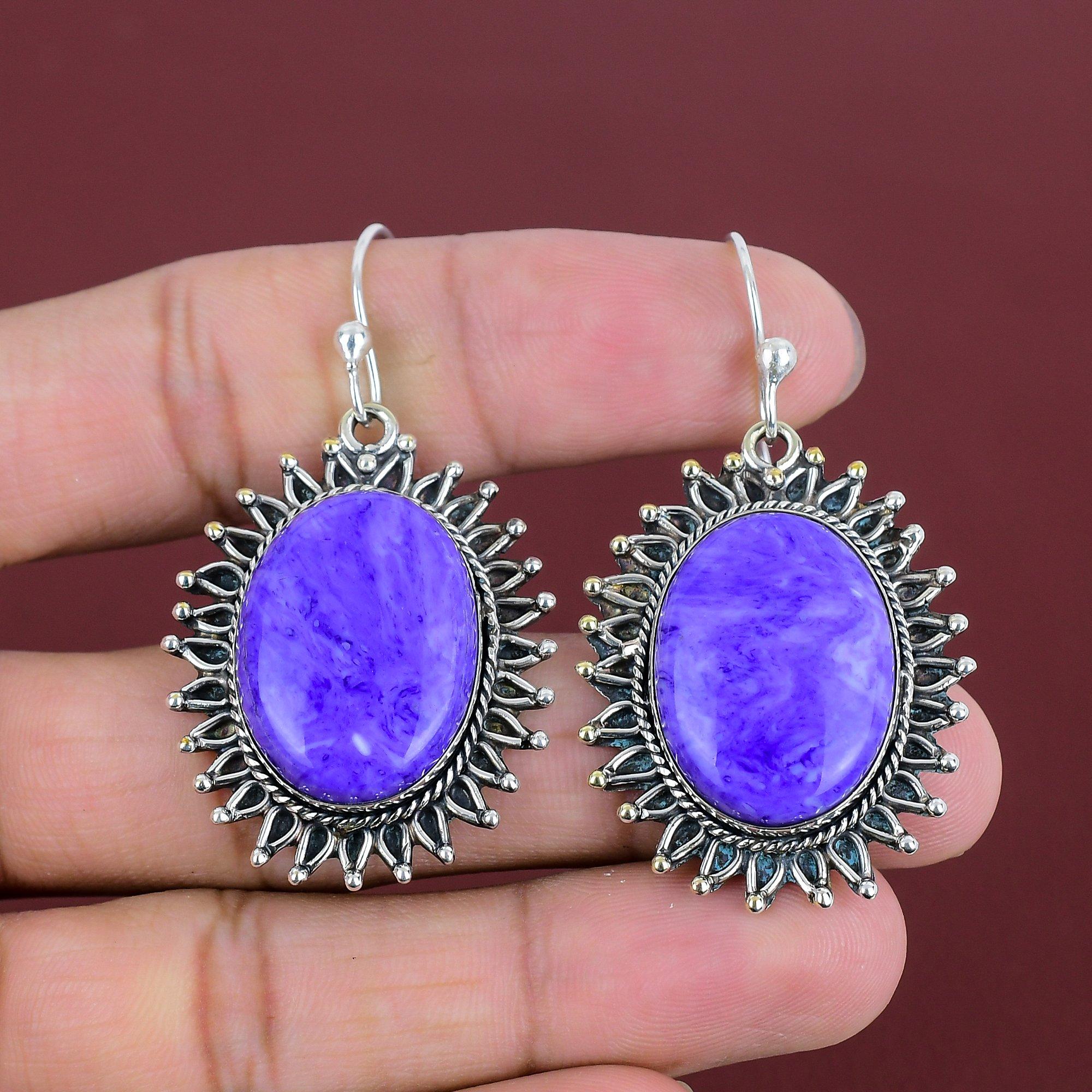 Charoite Gemstone Earrings Handmade Jewelry 925 Sterling Silver Earring Original Charoite Jewelry Awesome Dangle Earring Anniversary Gifts