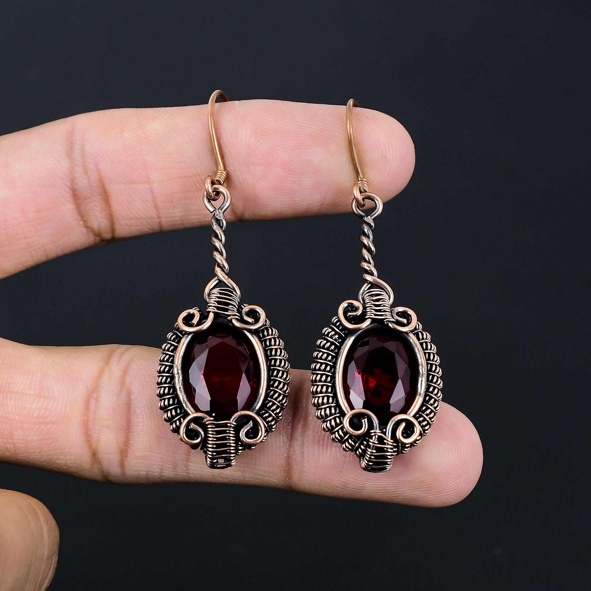 Garnet Gemstone Handmade Pure Copper Wire Wrapped Amazing Jewelry Earring