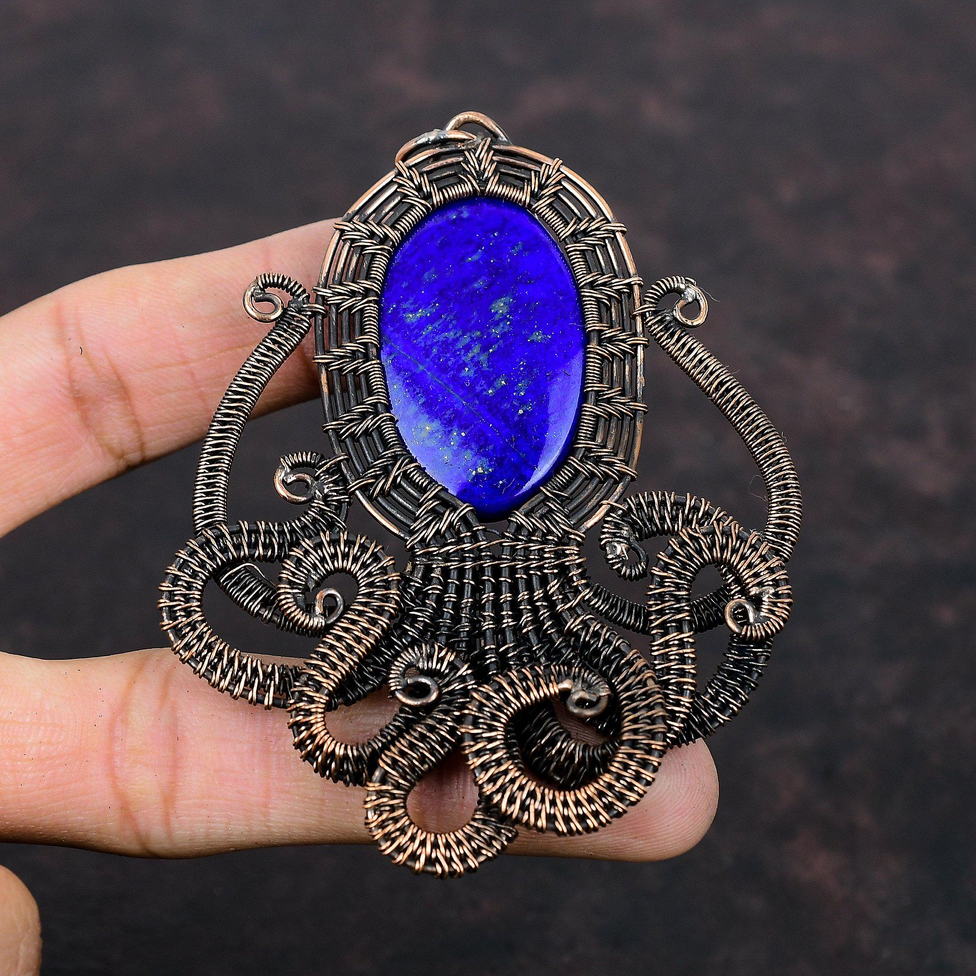 Lapis Lazuli Pendant Copper Wire Wrapped Pendant Natural Gemstone Pendant Handmade Jewelry Octopus Pendant For Gift Copper Wire Wrap Jewelry