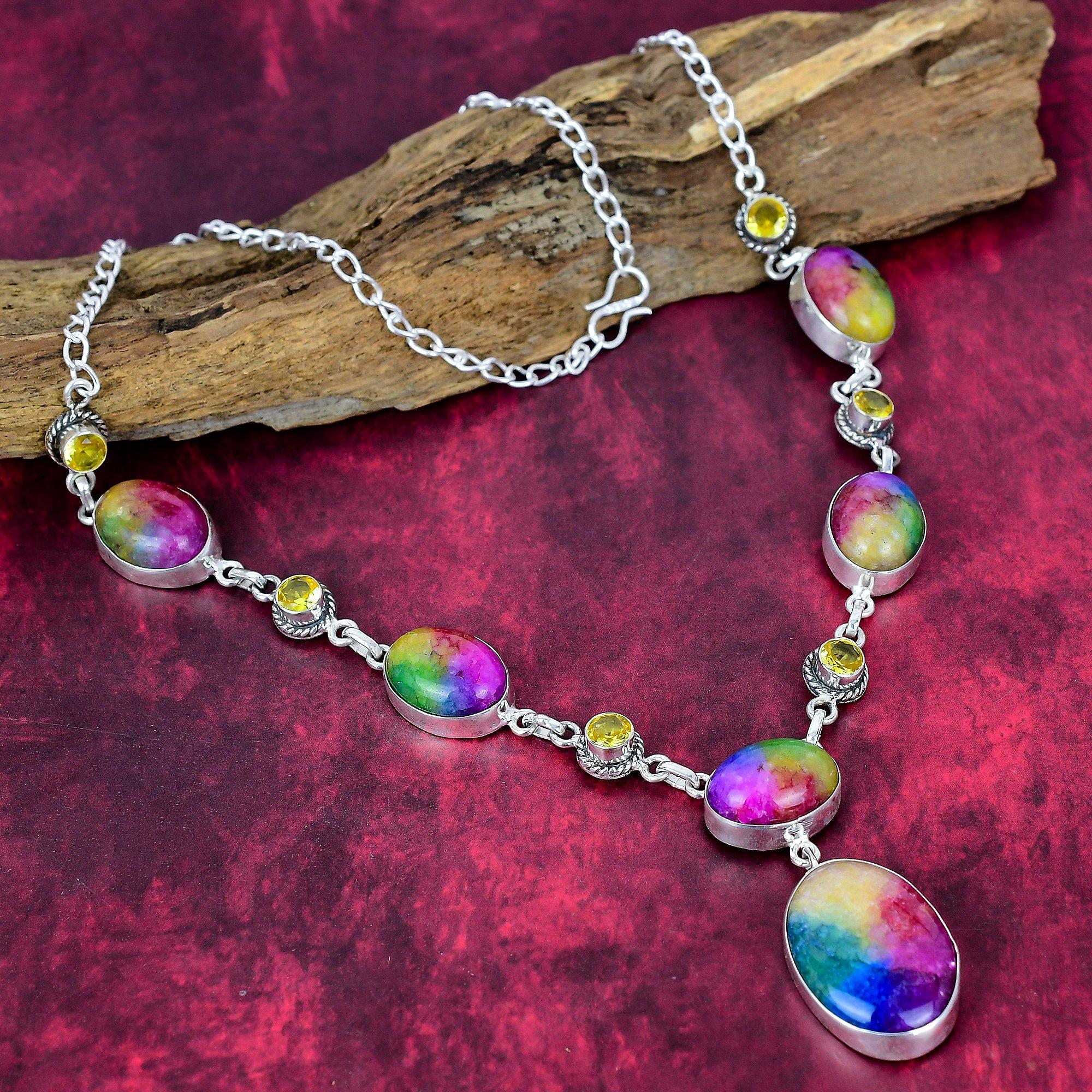 Rainbow Solar quartz & Citrine Necklace Gemstone Jewelry, 925 Solid Sterling Silver Necklace, Handmade Jewelry Birthstone Necklace, Gift For Love