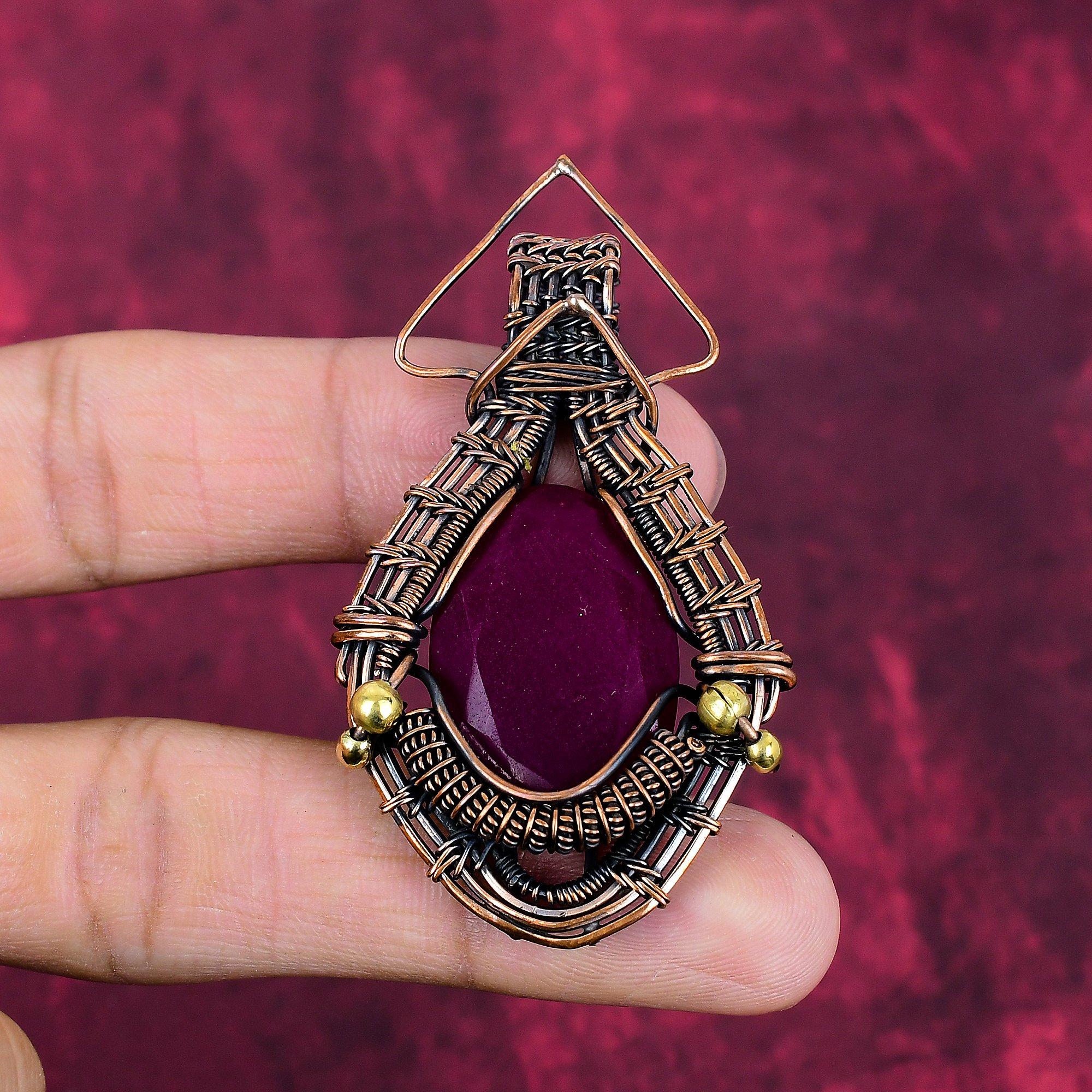 Faceted Kashmir Ruby Pendant Dainty Gemstone Pendant Copper Wire Wrapped Jewelry