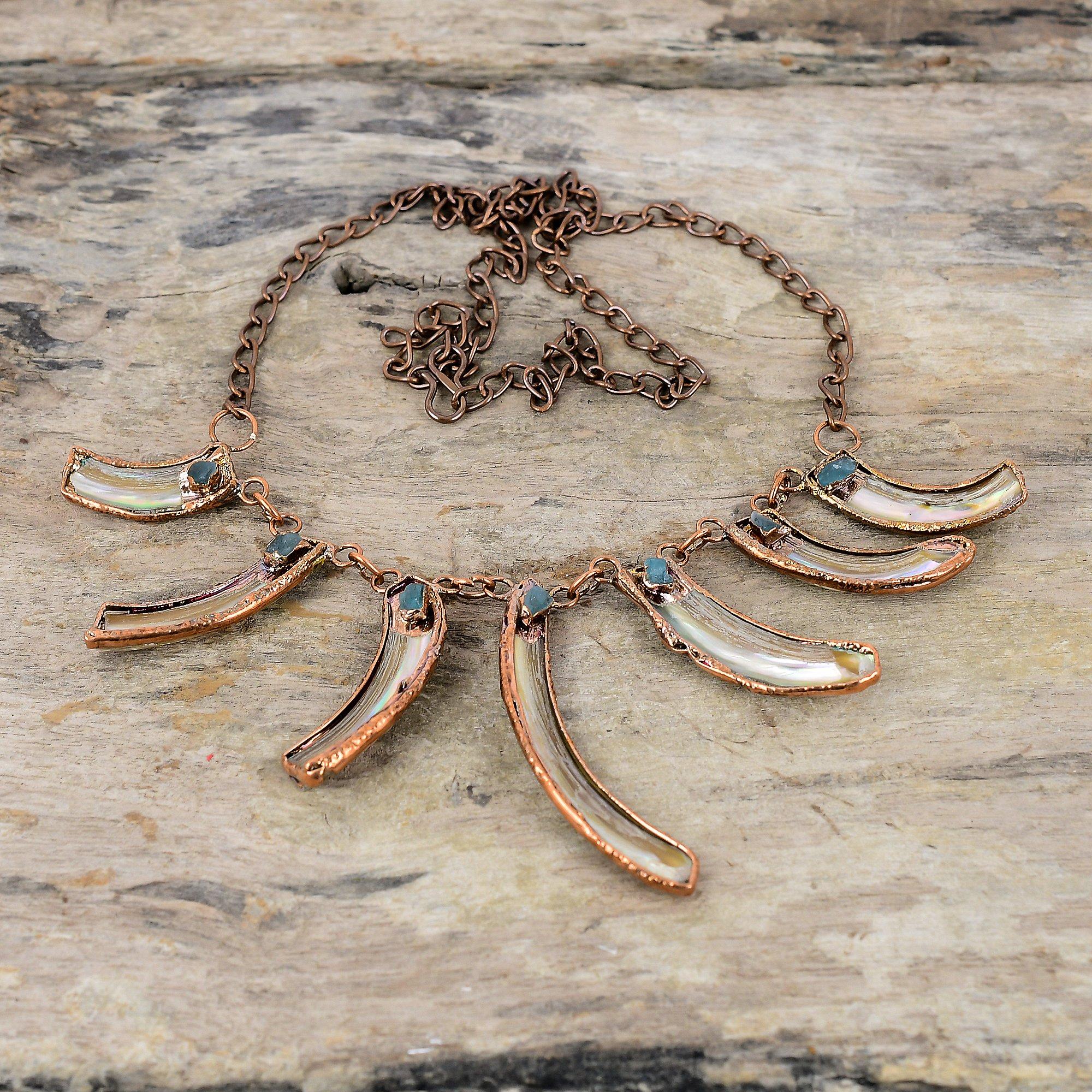 Abalone Shell Rough Gemstone Necklace Electroformed Copper Necklace Adjustable Chain Necklace Aquamarine Rough Necklace Handmade Jewelry