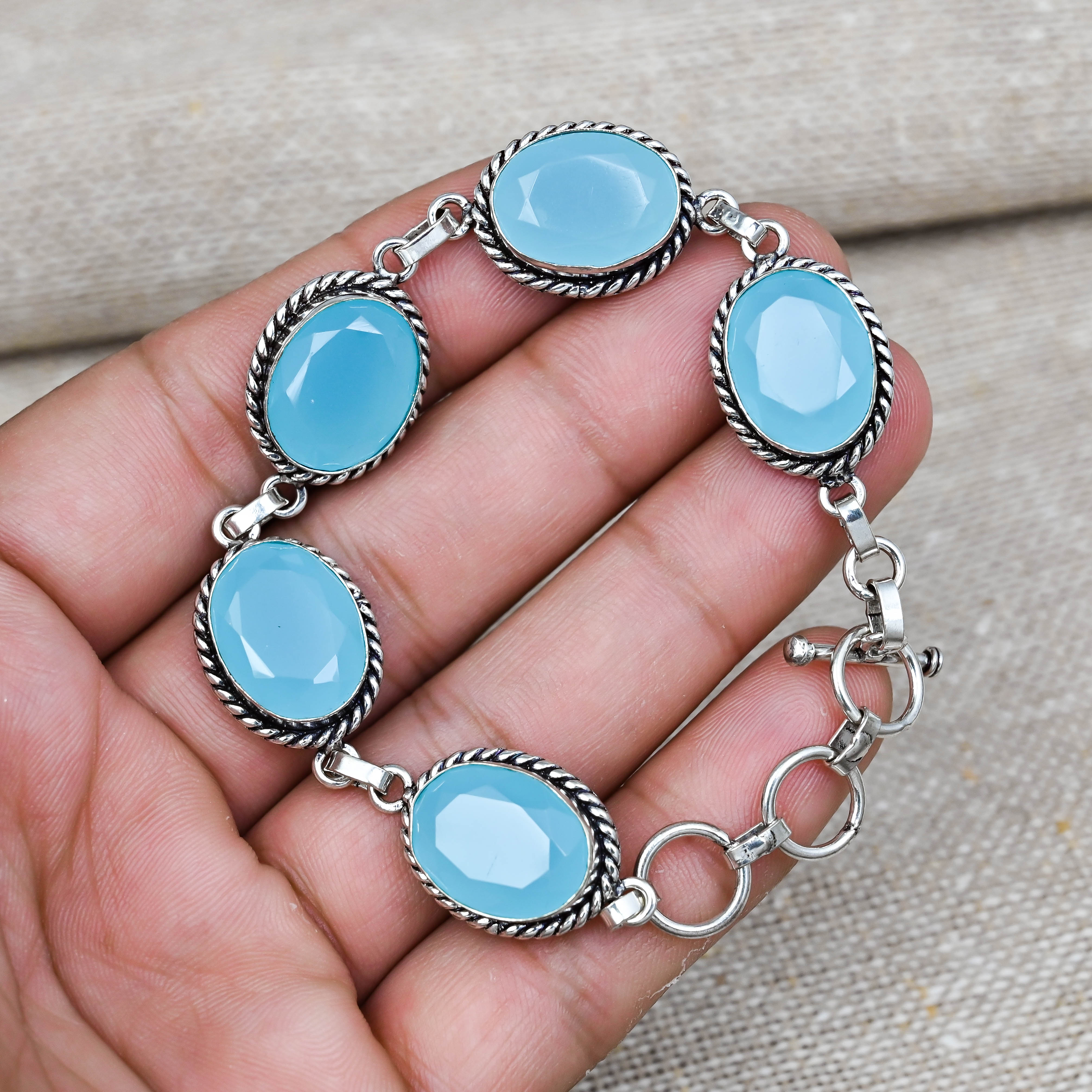 Blue Chalcedony Bracelet 925 Sterling Silver Handmade Lab-Created Jewelry For Anniversary Gift