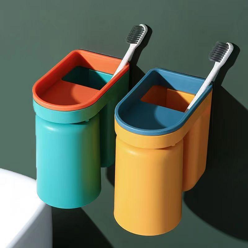 Toothbrush Rack Punch-free Wall-mounted Mouthwash Cup Toothbrush Cup Couple Mouth Cup Set Bathroom Storage Shelf Holder