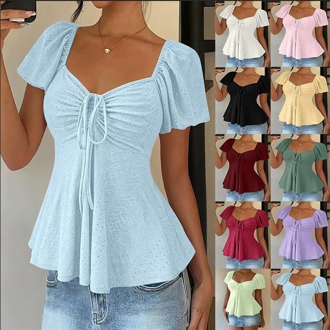 T-shirt da Donna Estiva a Maniche Corte, Scollo a V con Coulisse e Effetto Arricciato, Top Blusa Sexy Casual alla Moda per Tutti i Giorni