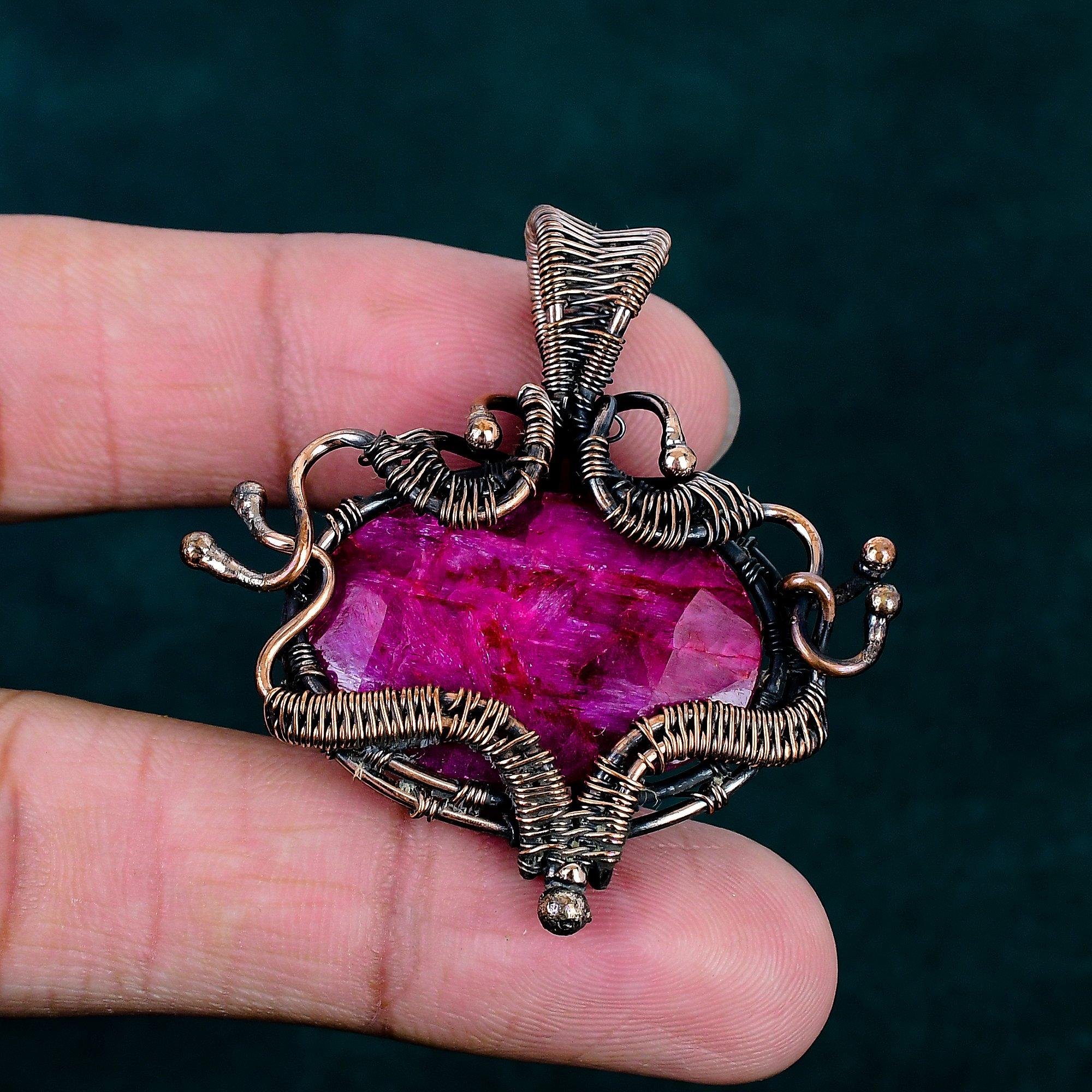 Faceted Kashmir Ruby Pendant Handmade Copper Wire Wrapped Pendant Natural Gemstone Jewelry Wire Wearing Pendant Latest Design Jewelry