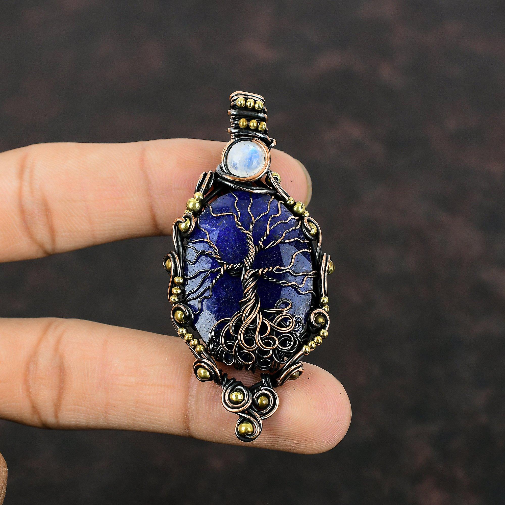 Tree Of Life Faceted Blue Sapphire Pendant Copper Wire Wrapped Gemstone Pendant Rainbow Moonstone Pendant Handmade Jewelry Anniversary Gifts