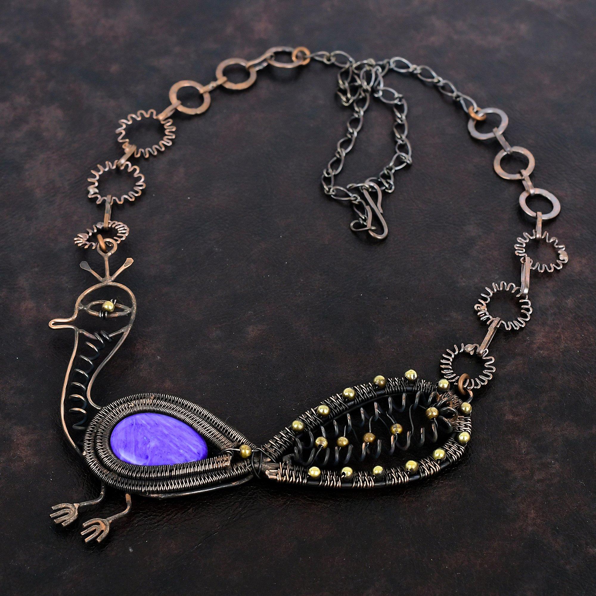 Charoite Necklace Copper Wire Wrapped Gemstone Necklace Adjustable Chain Necklace Peacock Necklace Handmade Necklace For Gift Copper Jewelry