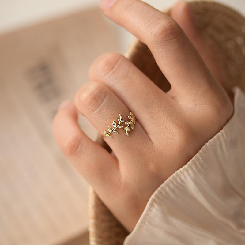 ANENJERY Zircon Leaves Twigs Adjustable Ring For Women Simple Fresh Ins Accessories All-Match