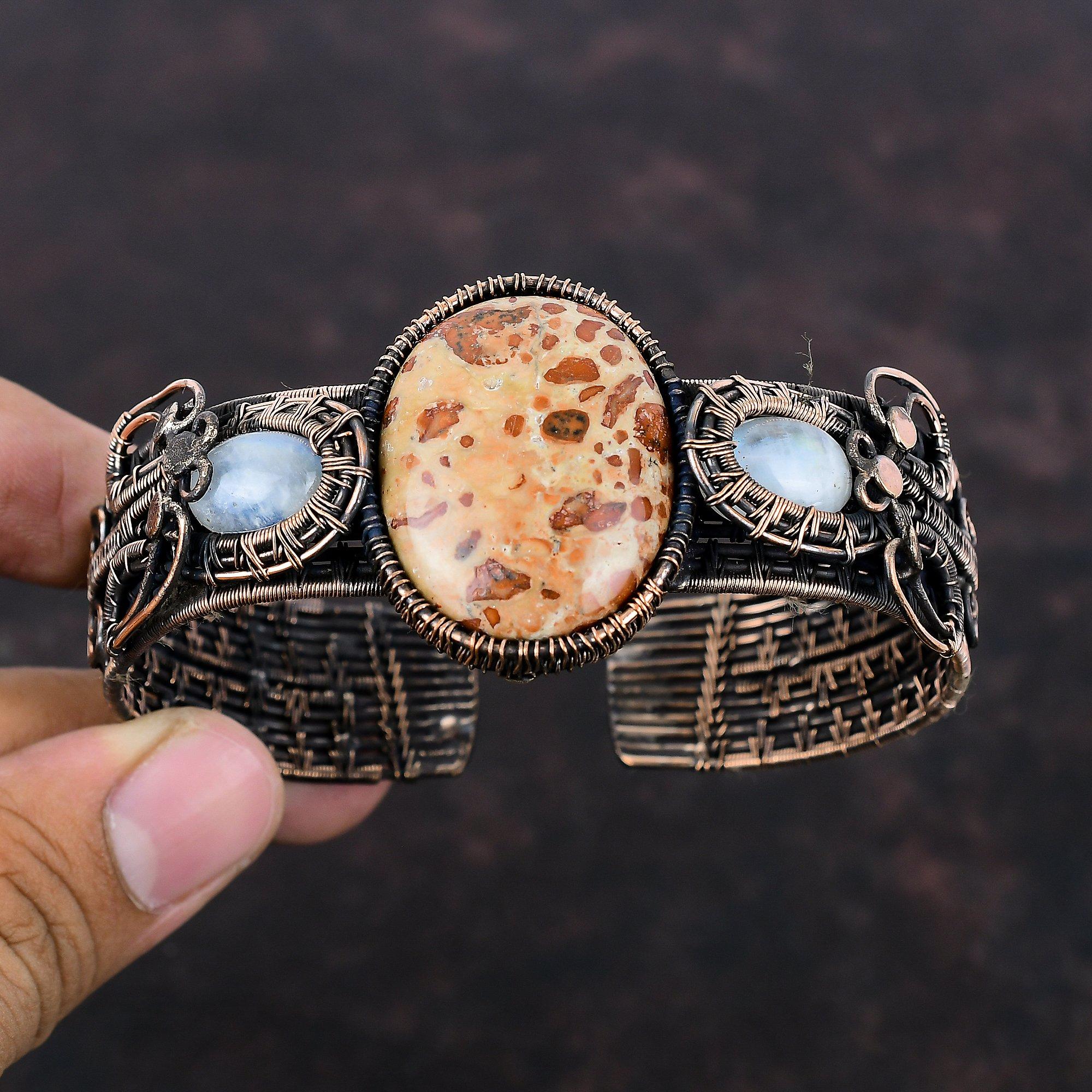 Asteroid Jasper Cuff Bracelet Copper Wire Wrapped Bangle Gemstone Adjustable Cuff Bracelet Rainbow Moonstone Bangle Handmade Designer Bangle