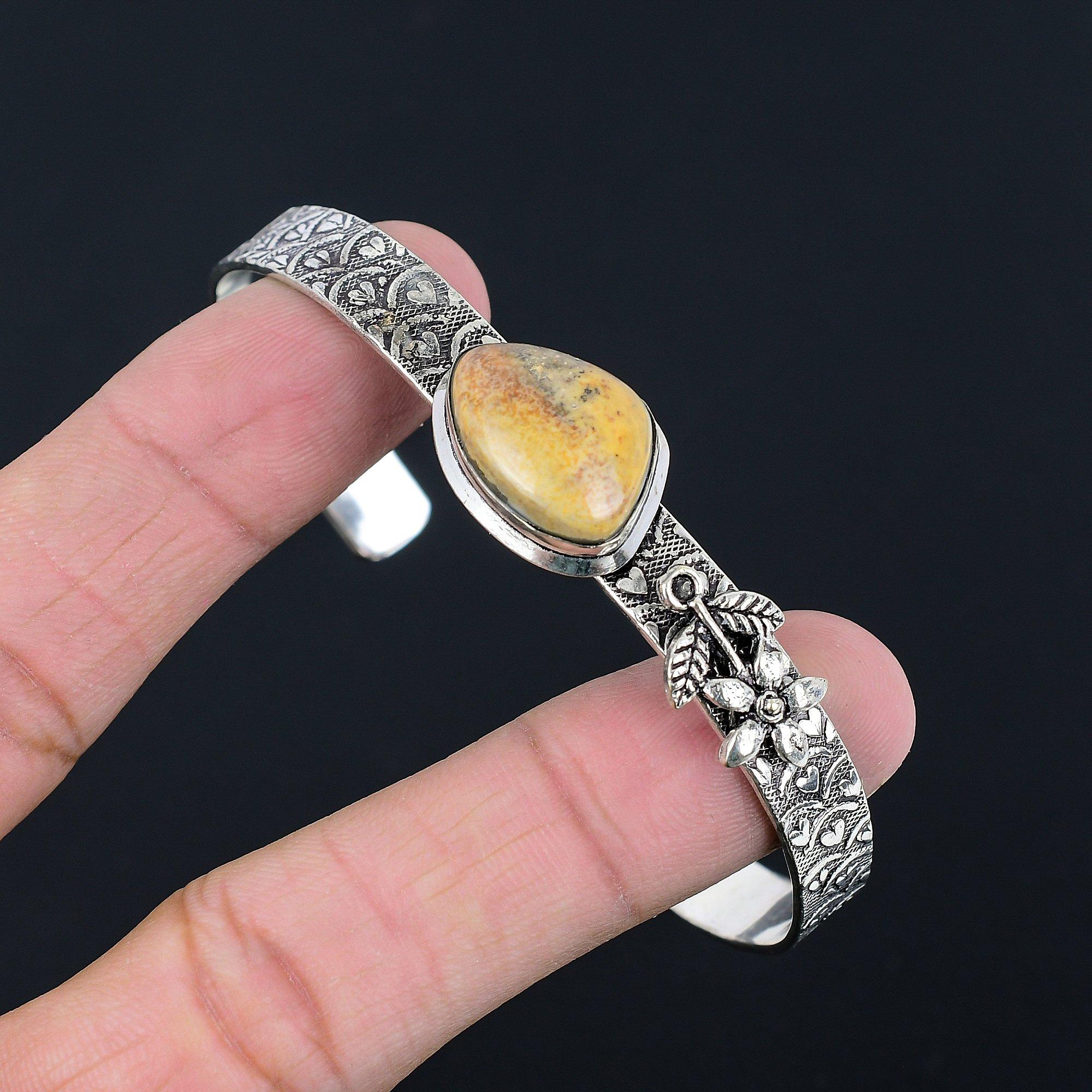 Natural Picture Jasper 925 Silver Unique Flower Artisan Mother Bangle Jewelry