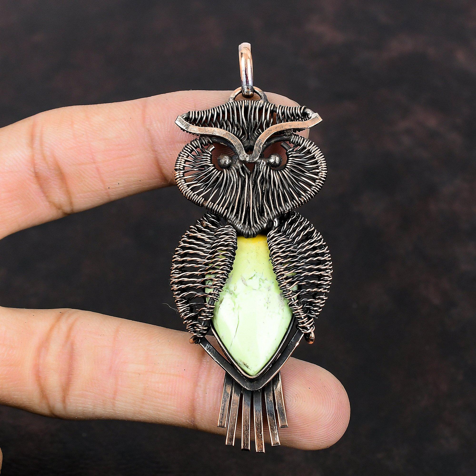 Lemon Chrysoprase Pendant Copper Wire Wrapped Gemstone Pendant Latest Design Jewelry Handmade Copper Wire Wrap Pendant Owl Pendant For Gift
