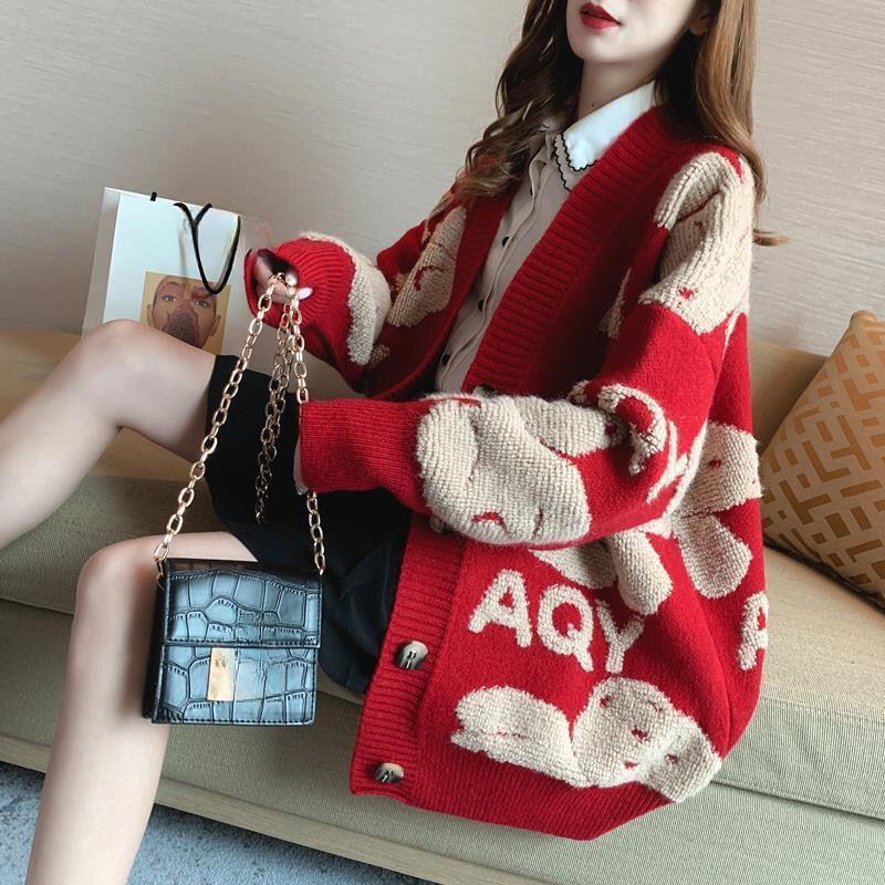 Monogrammed V-Neck Cardigan, Casual Button Front Long Sleeve Cardigan Winter Autumn, Women's M Sweater Jacket