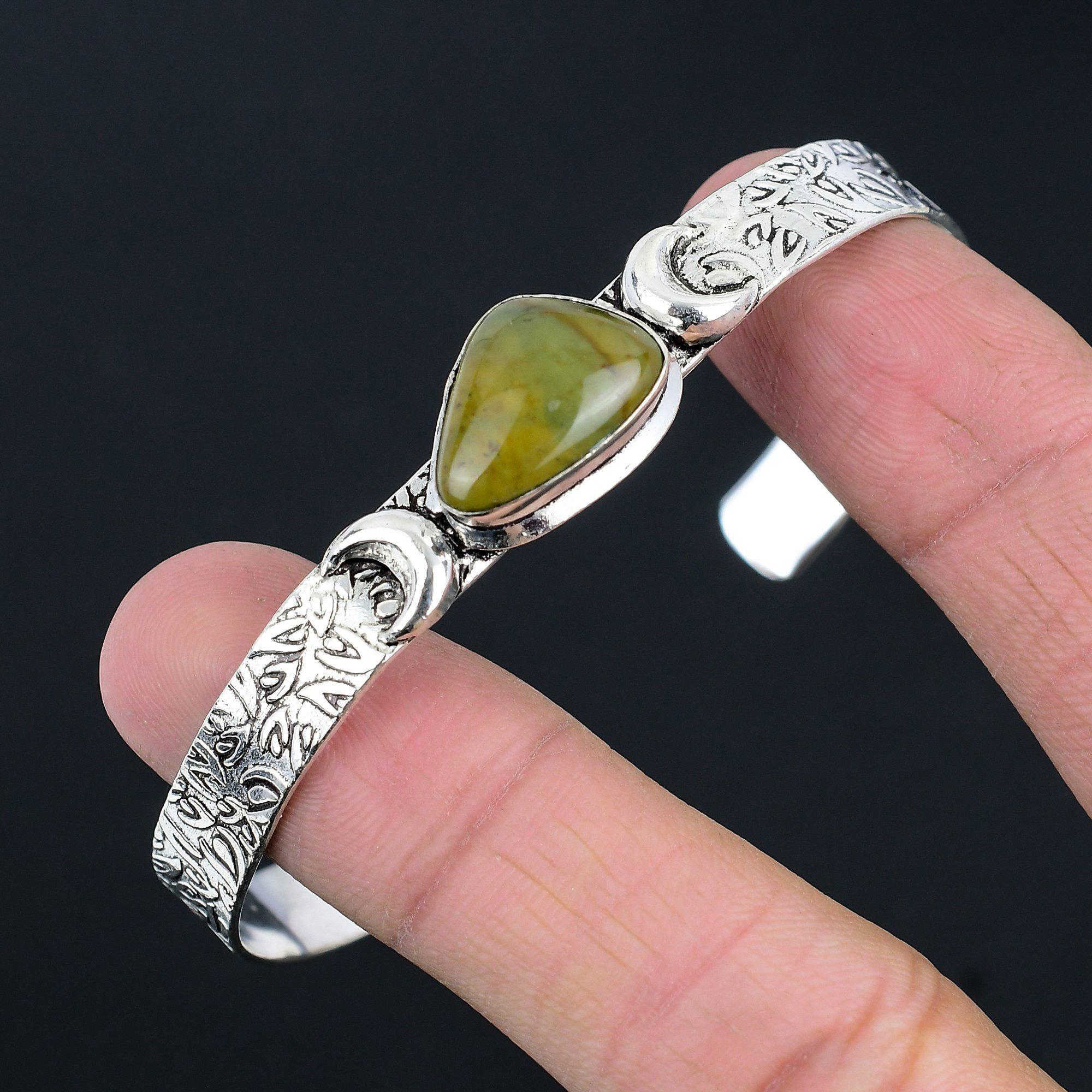 Bracelet en jaspe polychrome naturel Lune croissante Vert Réglable Argent 925