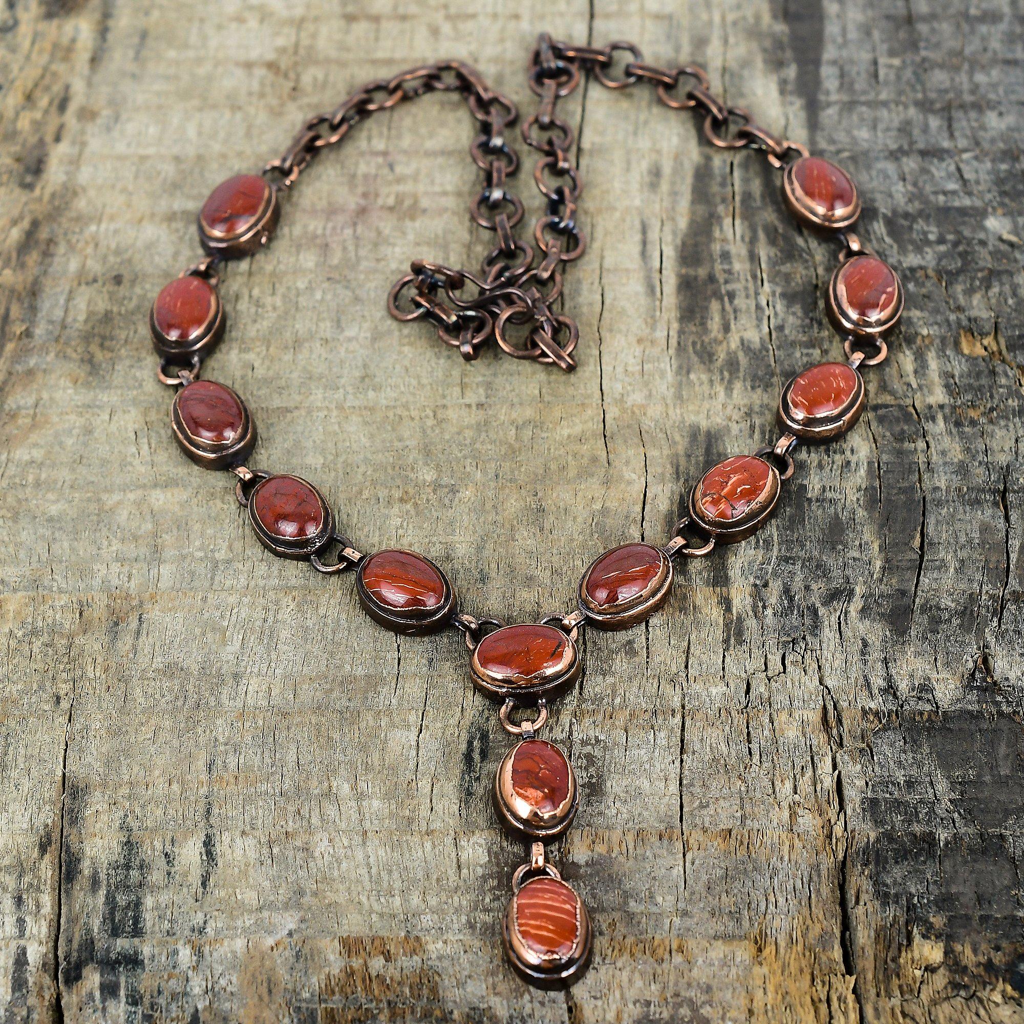 Red Snakeskin Jasper Necklace Electroformed Copper Necklace Handmade Jewelry Adjustable Chain Necklace Gift for Women Real Gemstone Necklace
