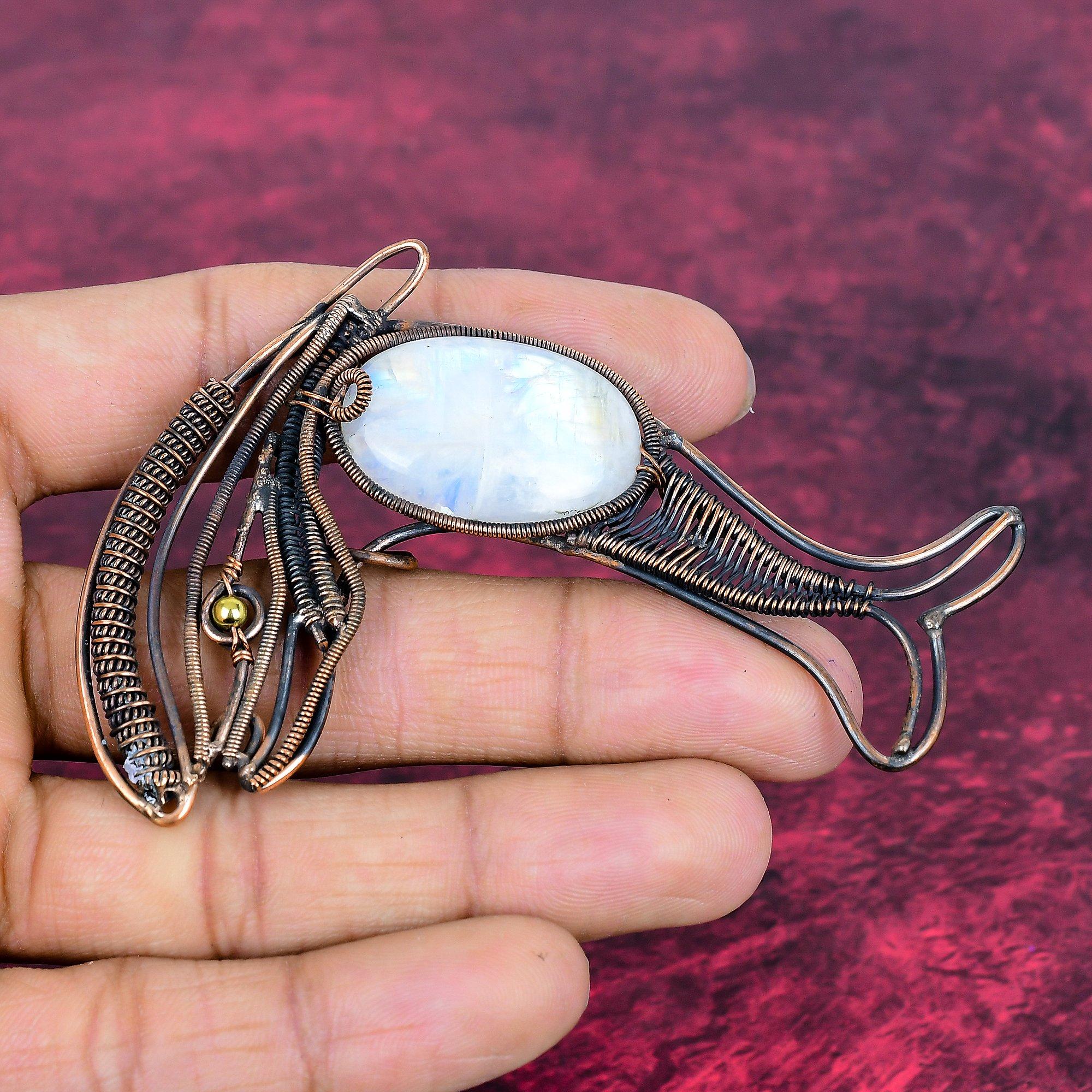 Rainbow Moonstone Pendant Fish Design Pendant Copper Wire Wrap Gemstone Jewelry