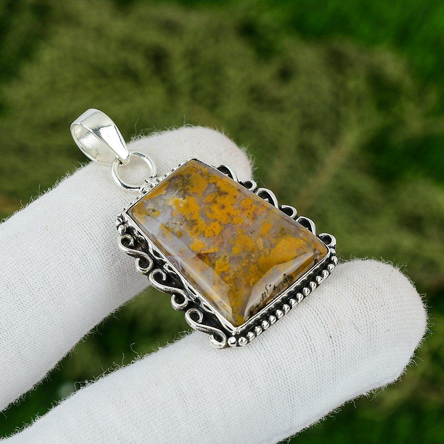 Natural Polka Dot Agate Gemstone Pendant Yellow 925 Sterling Silver Jewelry
