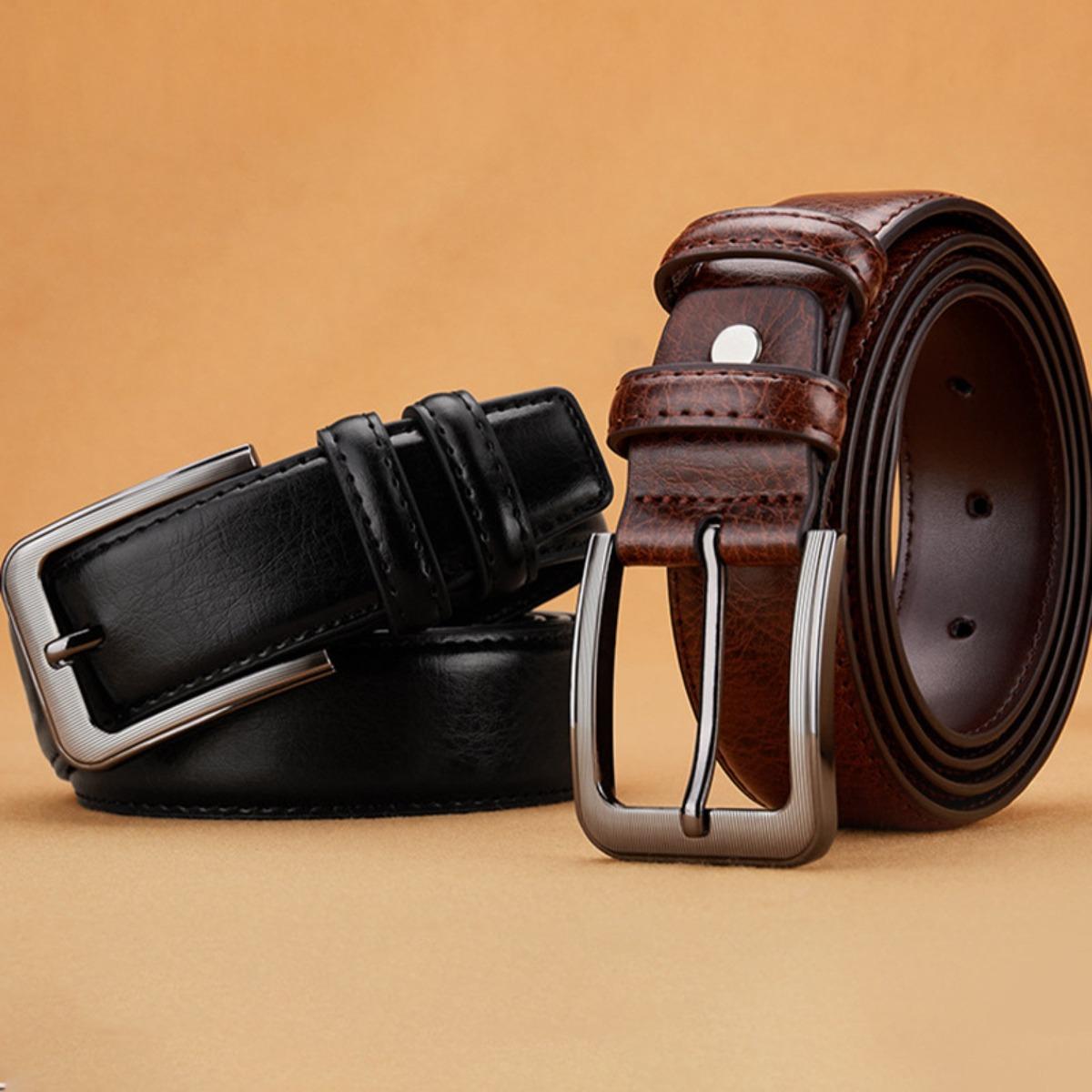 Men's Leather Belt - Metal Texture Buckle, Classic Brown Formal Casual Dual Use - Ideal Gift for Men, Durable and Easy To Clean, Buckle Metal Finish