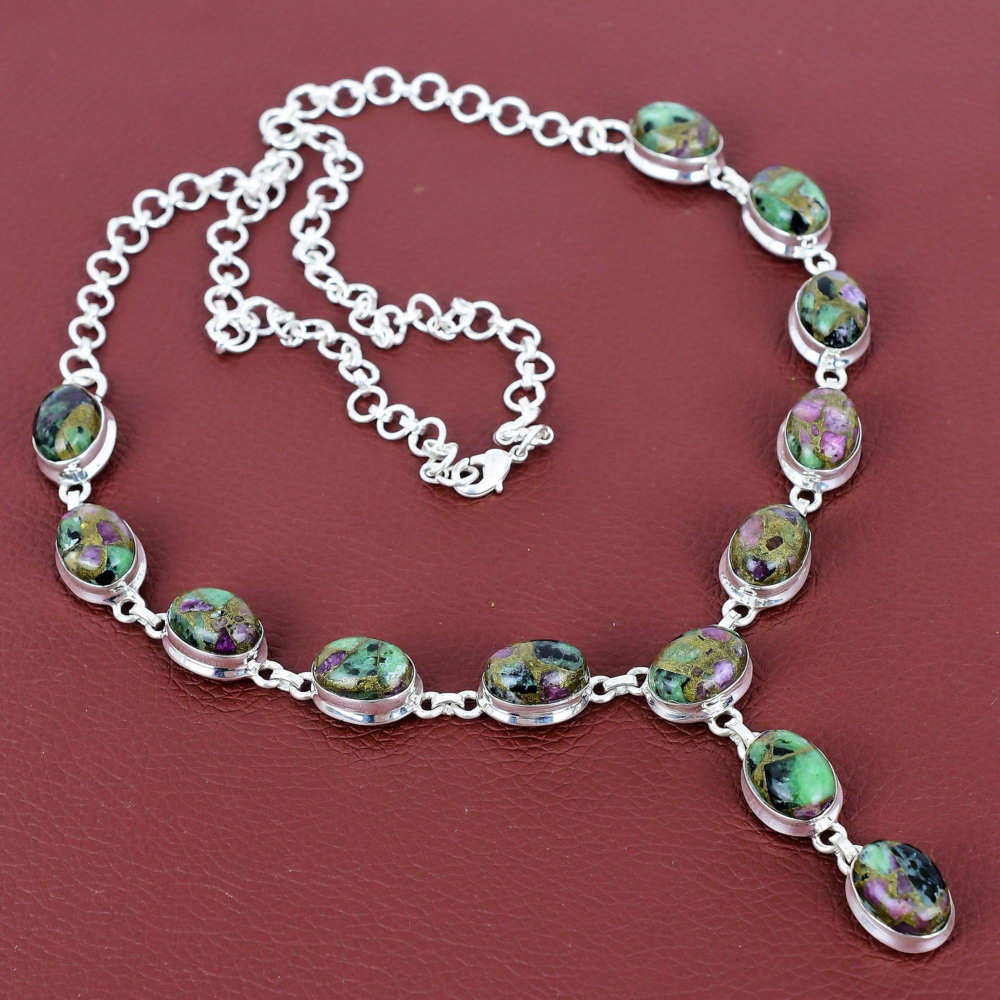 Copper Ruby Zoisite Necklace Gemstone Jewelry 925 Sterling Silver Adjustable Chain Necklace Handmade Necklace Gift for Wife Designer Jewelry