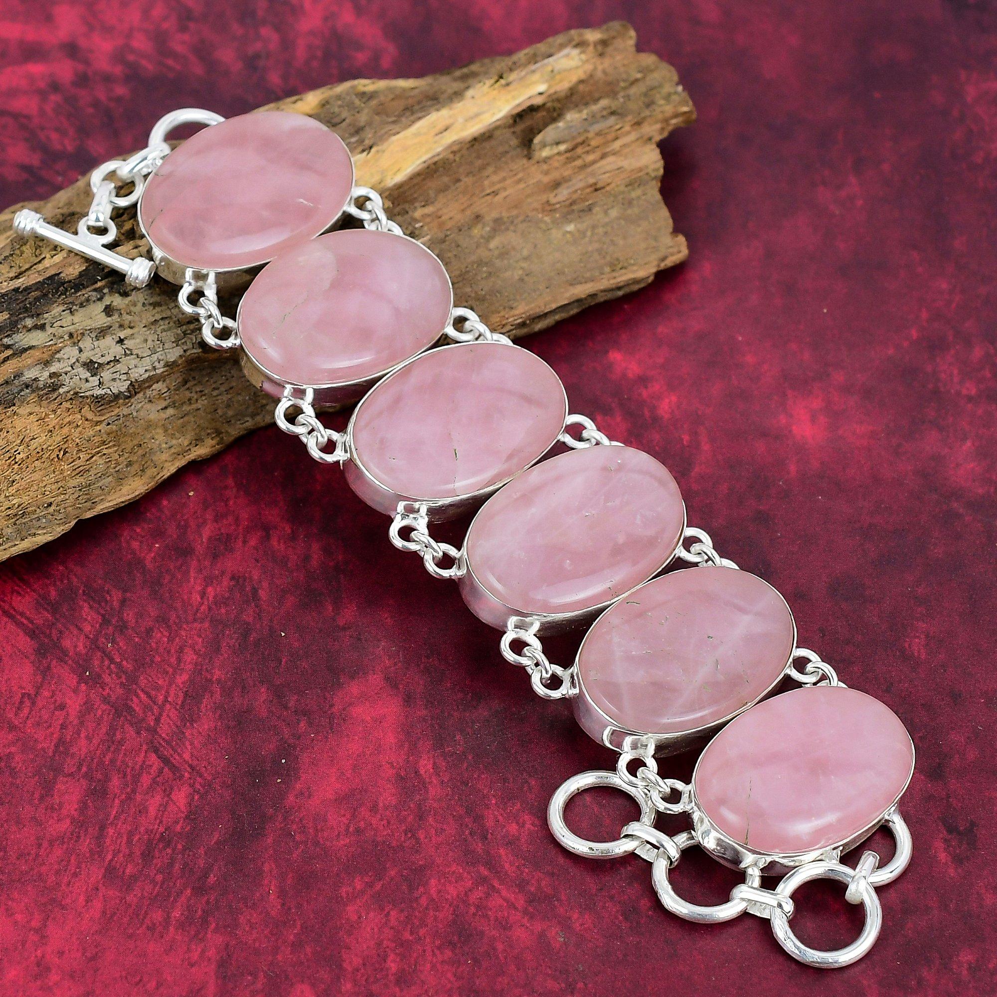 Natural Rose Quartz Gemstone Jewelry, 925 Solid Sterling Silver Jewelry, Handmade Bracelet Jewelry,Adjustable With Chain Bracelet For Love