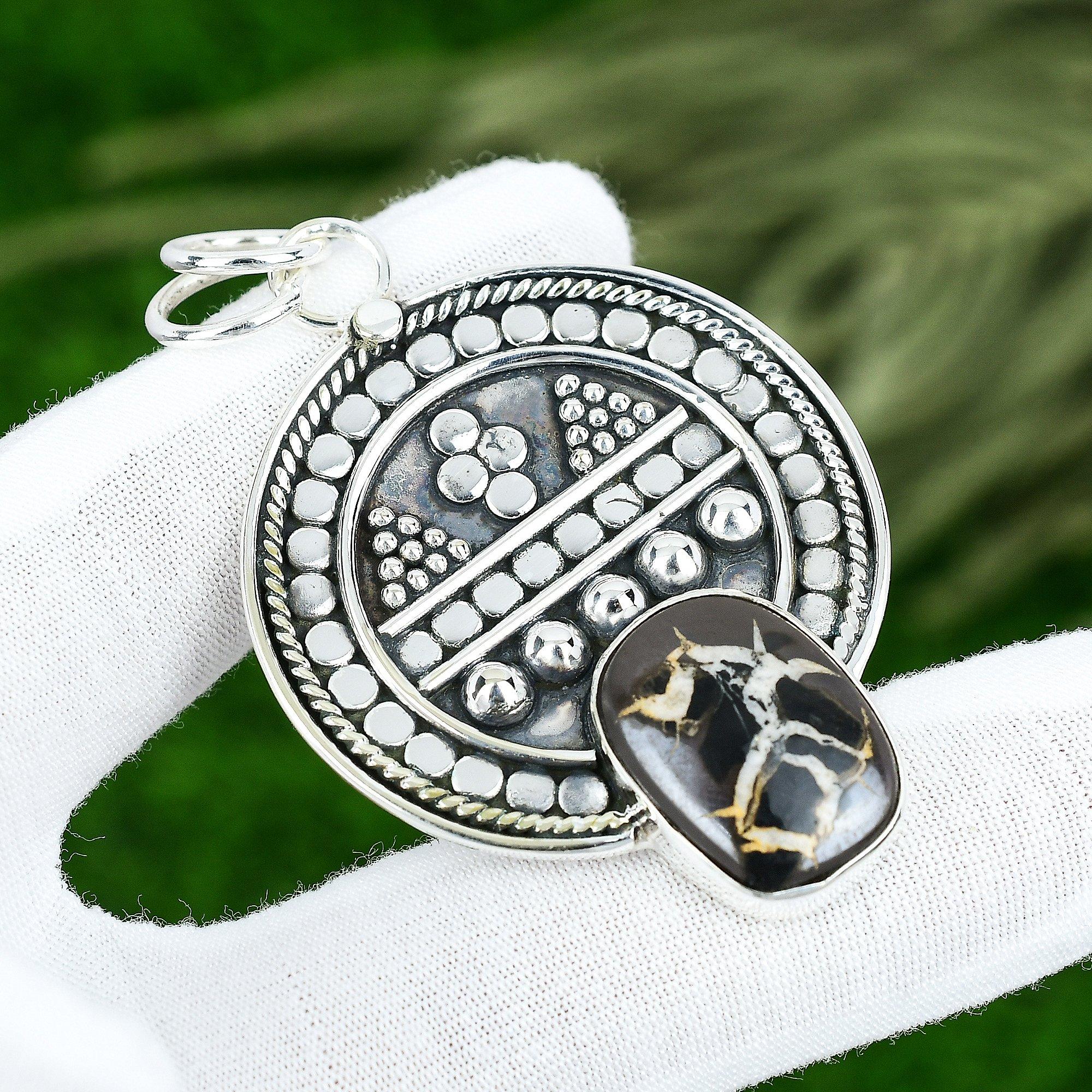Moroccan Mud Crack Fossil Stone Bezel Art Deco Pendant Jewelry Sterling Silver