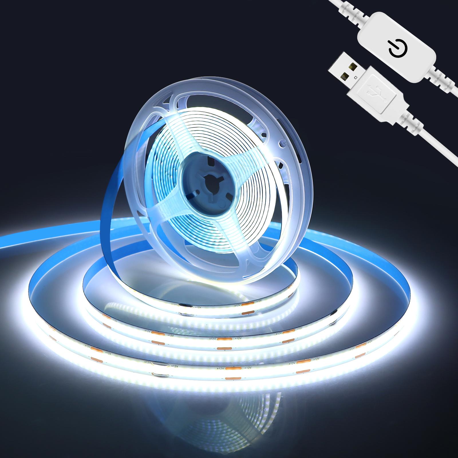 5V COB LED Strip Light with Touch Dimmer 320 LEDs/m USB Flexible Diode Tape for TV Backlight DIY Wall Room Decoration