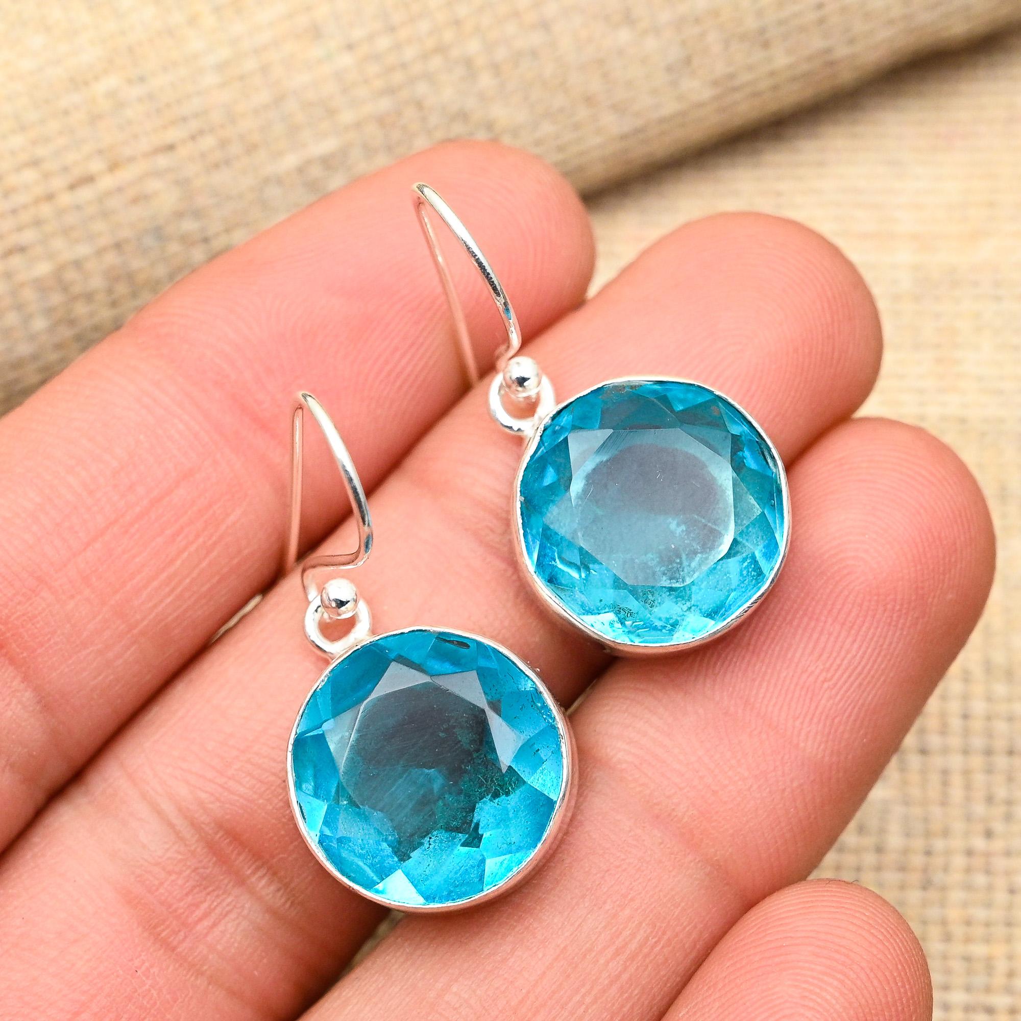 Astonishing Blue Topaz Gemstone Handmade 925 Solid Sterling Silver Earrings For Wedding Gift