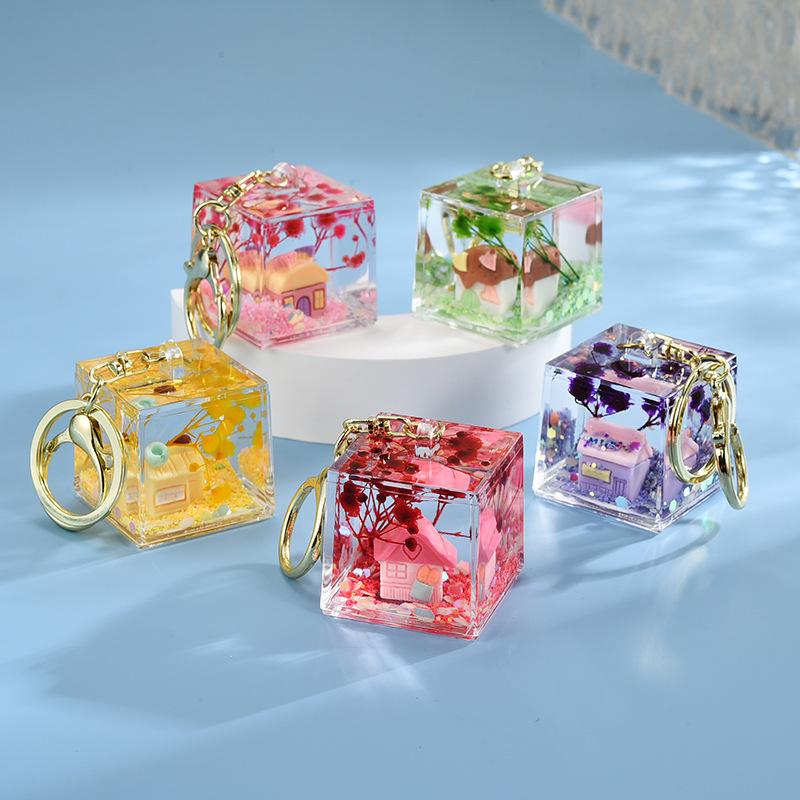 Cartoon Quicksand Square Bottle Pendant Keychain Backpack Accessories Floating Dry Flower House Sequin Liquid Keyrings