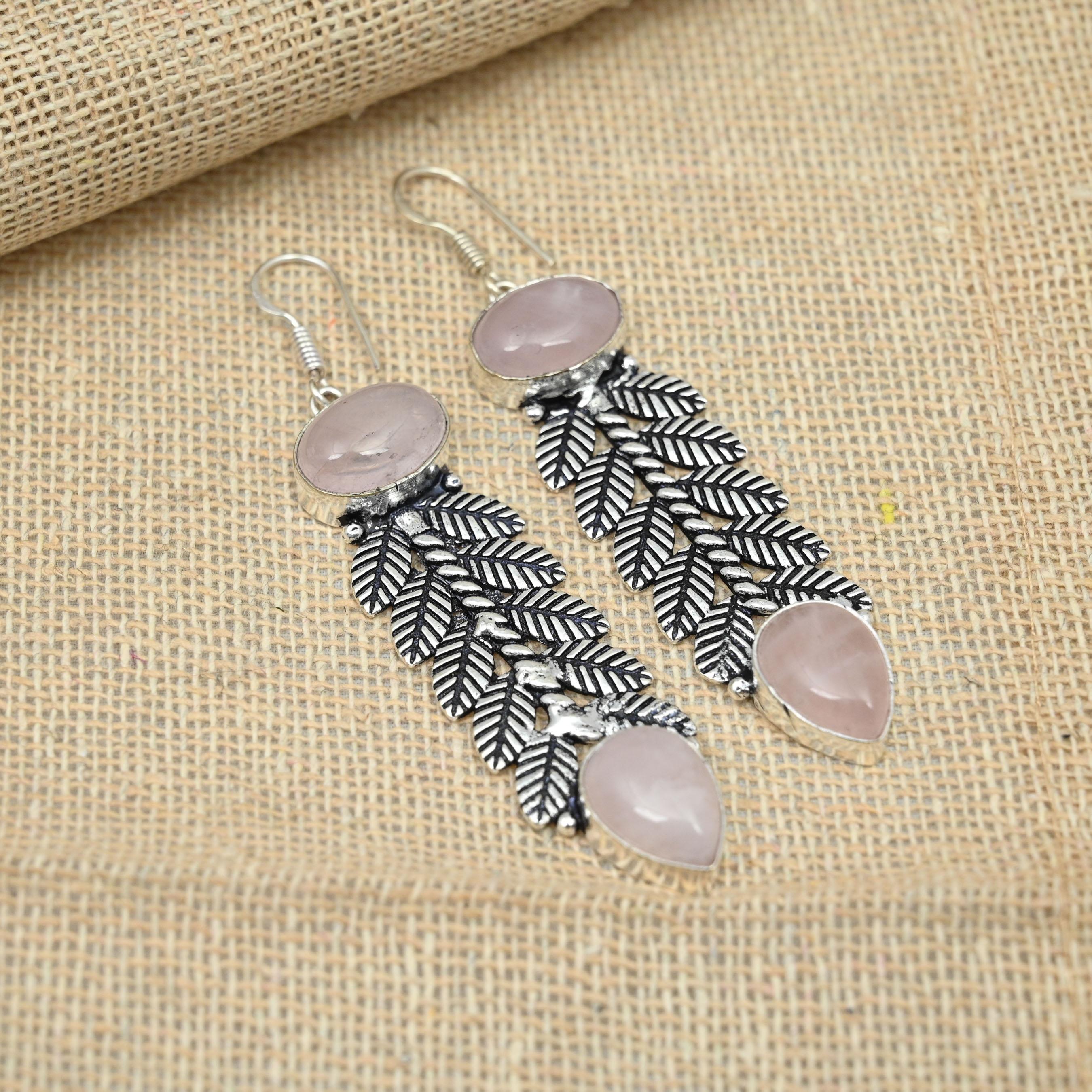 Rose Quartz Gemstone Solid 925 Sterling Silver Jewelry Wonderful Earrings For Gifts