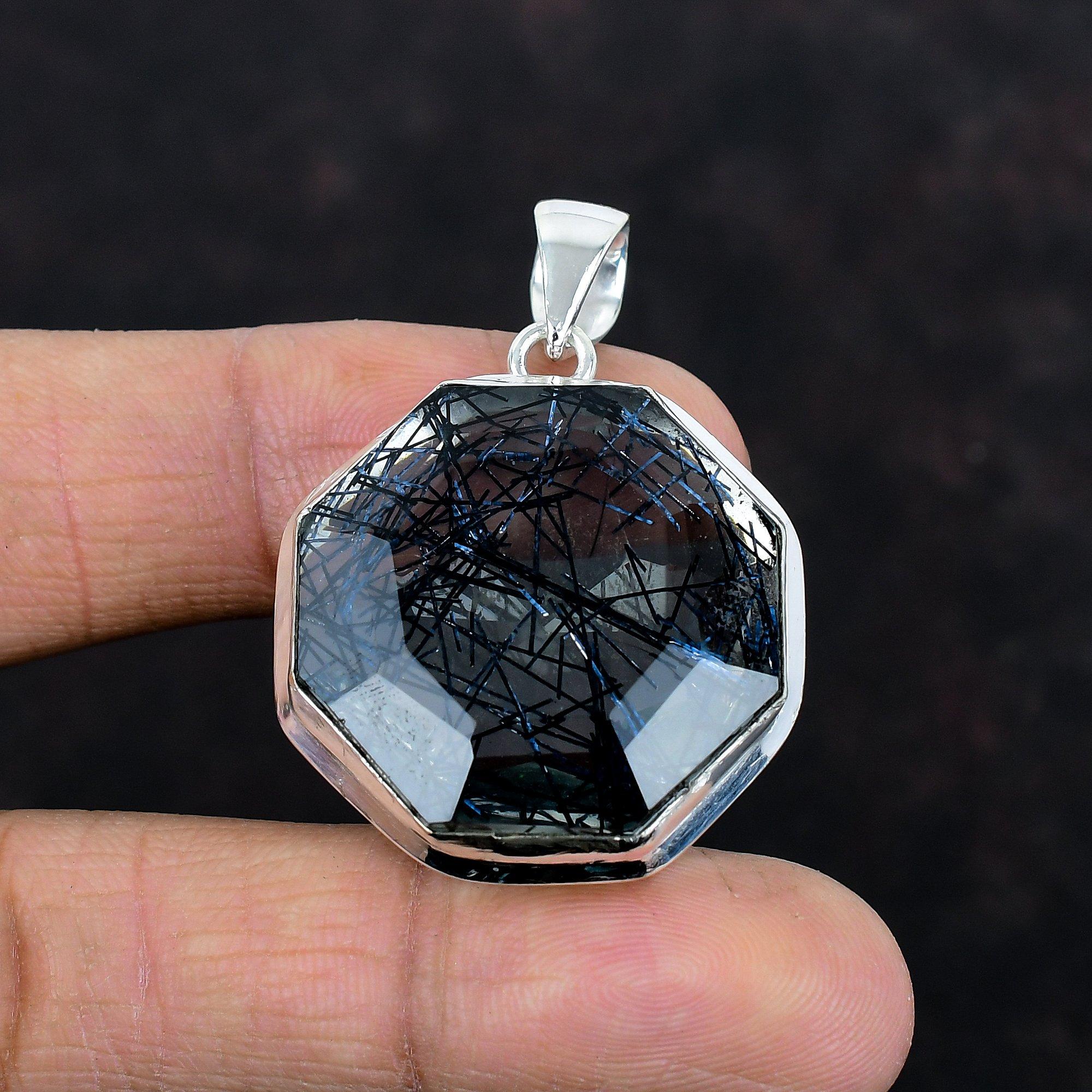 Faceted black rutile pendant 925 sterling silver pendant handmade pendant top quality gemstone jewelry anniversary gifts statement pendants
