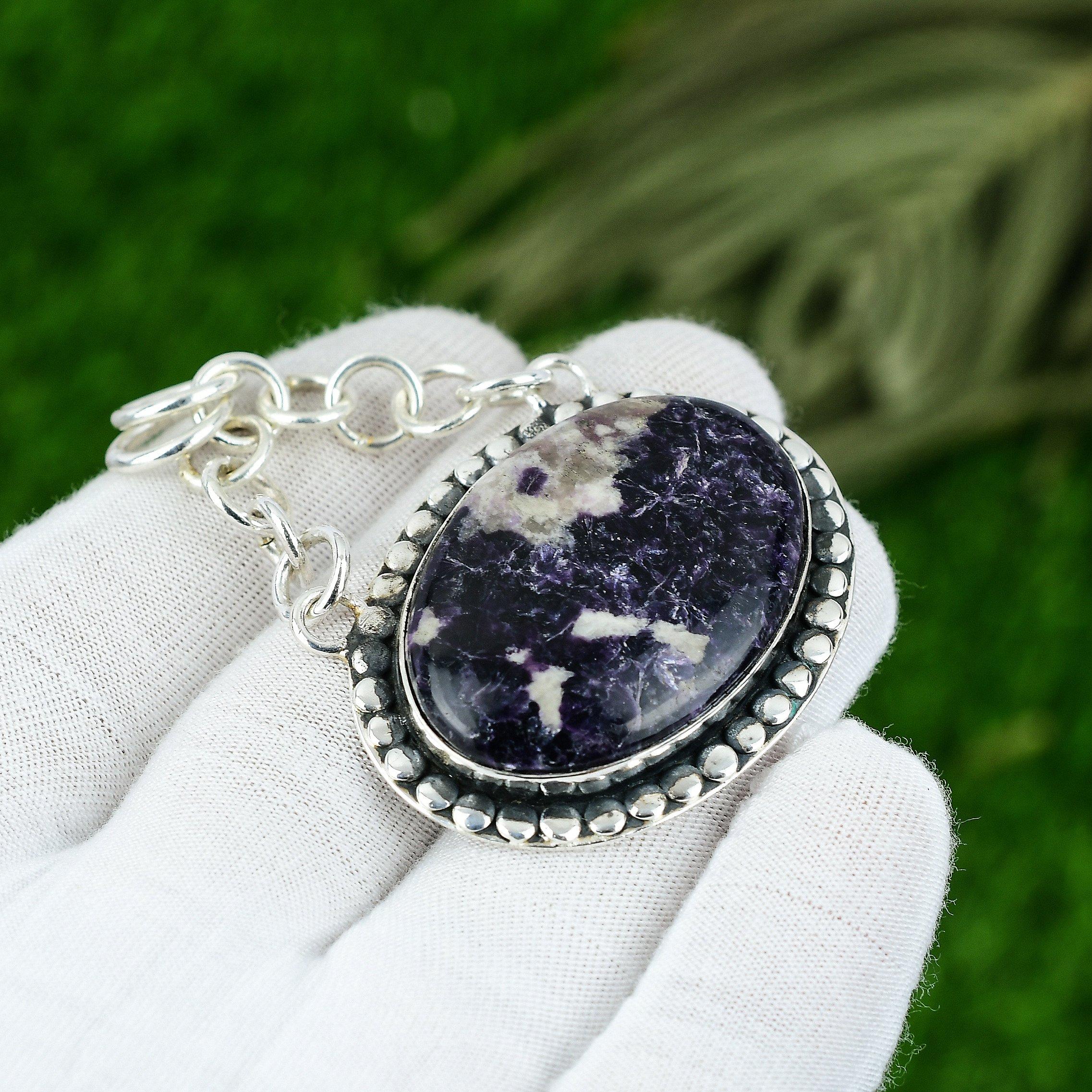 Natural Lepidolite Gemstone Indian Jewelry 925 Sterling Silver Pendant For Women