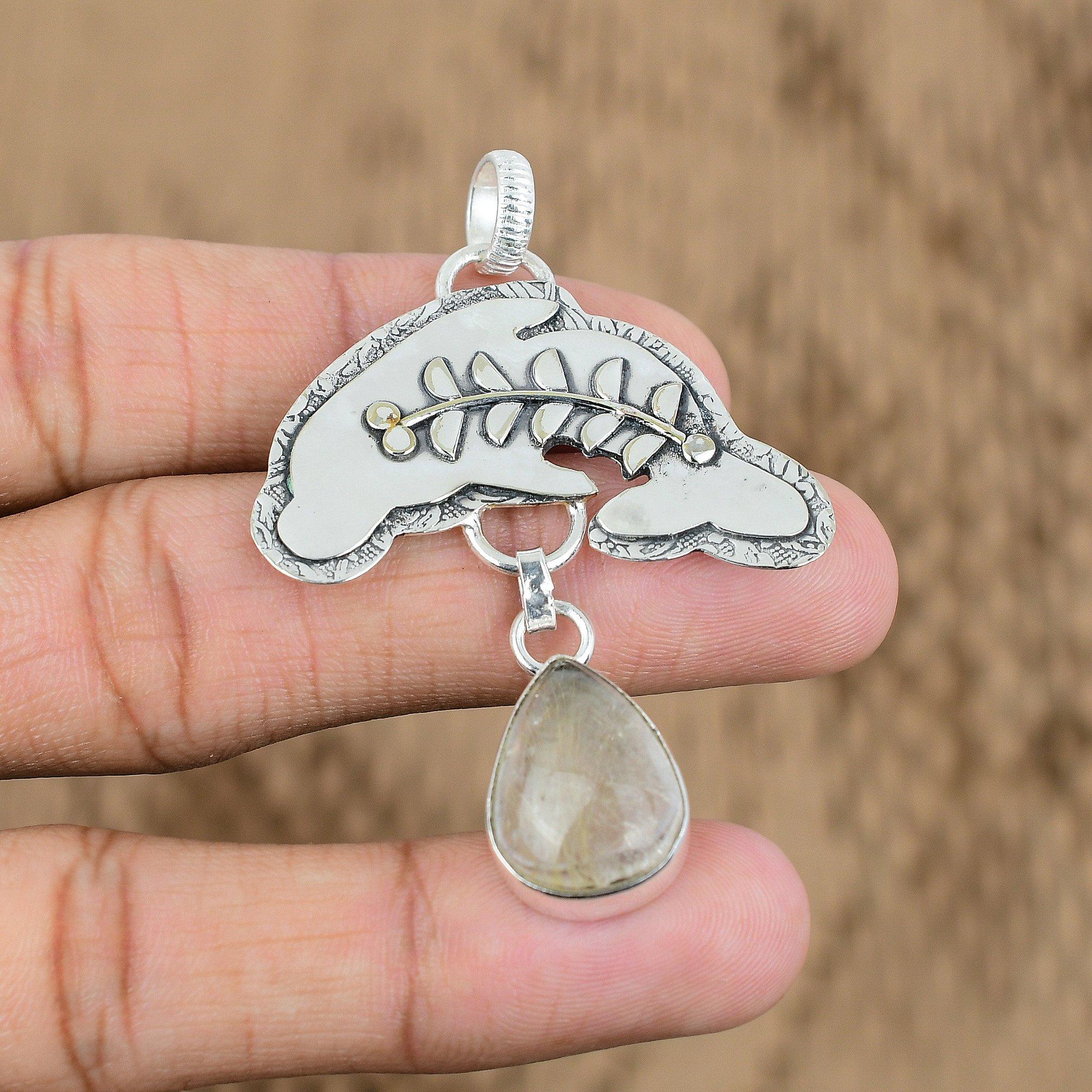 Natural Golden Rutile Gemstone 925 Sterling Silver Pendant Fish For Girls