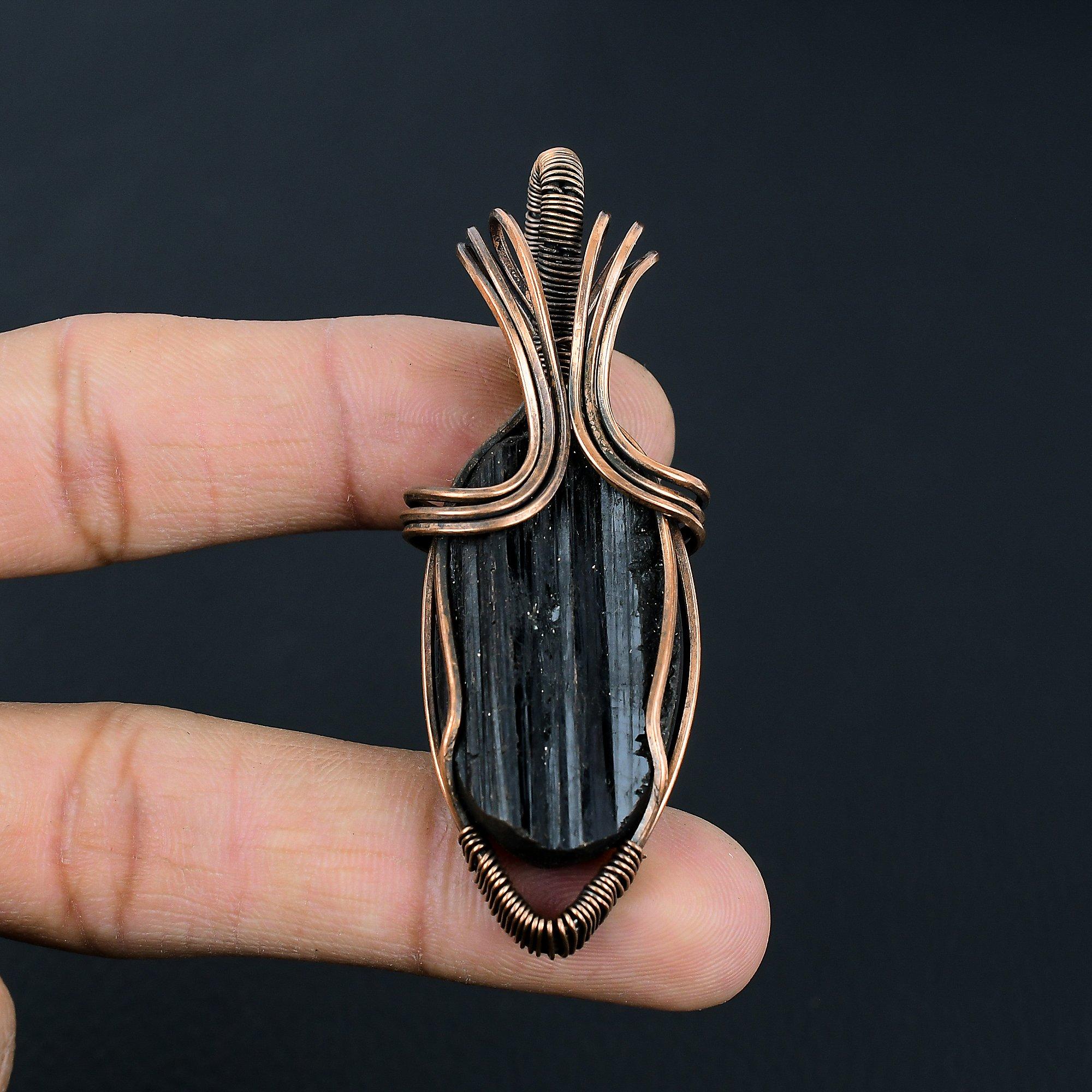 Black Rutile Gemstone Handmade Pure Copper Wire Wrap Jewelry Pendant For Women