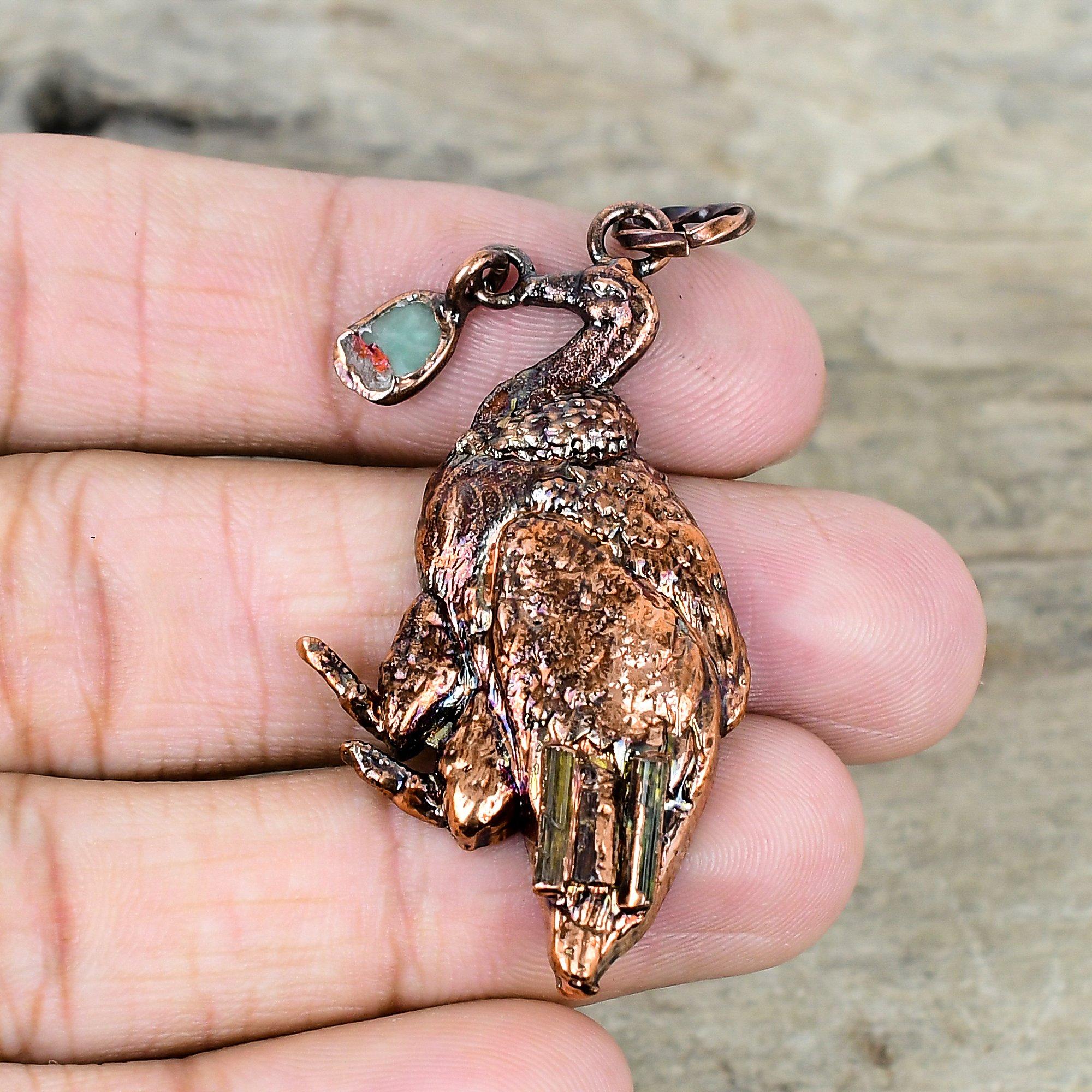 Aquamarine Rough Pendant Electroformed Copper Pendant Amazing Peacock Pendant Tourmaline Rough Gemstone Pendant Handmade Jewelry for Gifts