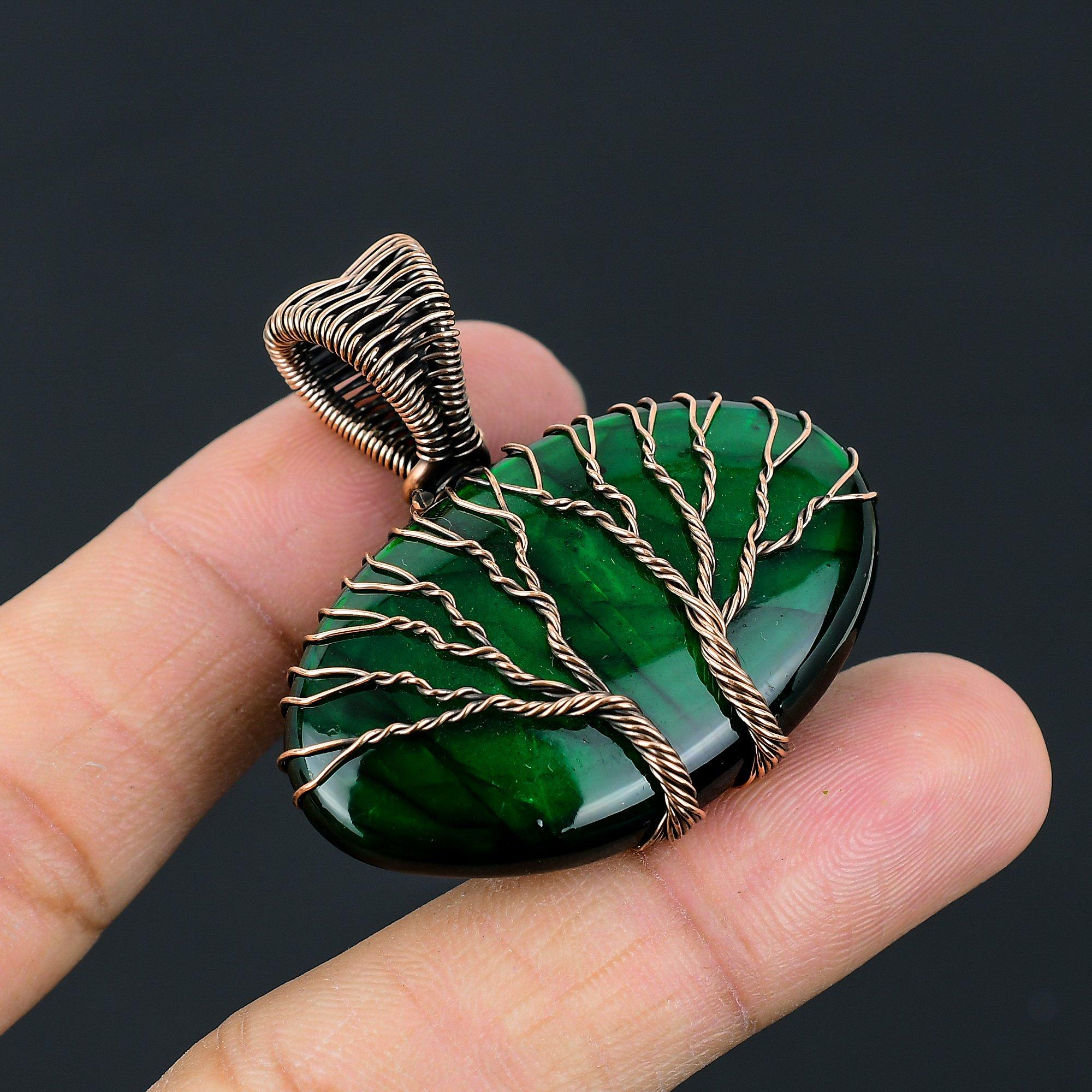 Grüner Flash-Labradorit-Edelstein, reiner Kupferdraht, umwickelt, handgefertigter Anhänger-Schmuck