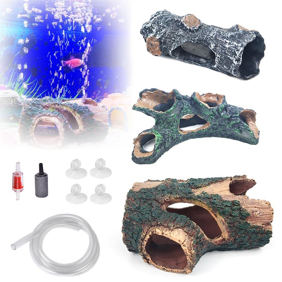 Aquarium Hollow Log Decor Multifunction Resin Fish Shrimp Hiding Cave Aquarium Oxygen Set Bubble Stone Aquarium Air Pumps Accessories