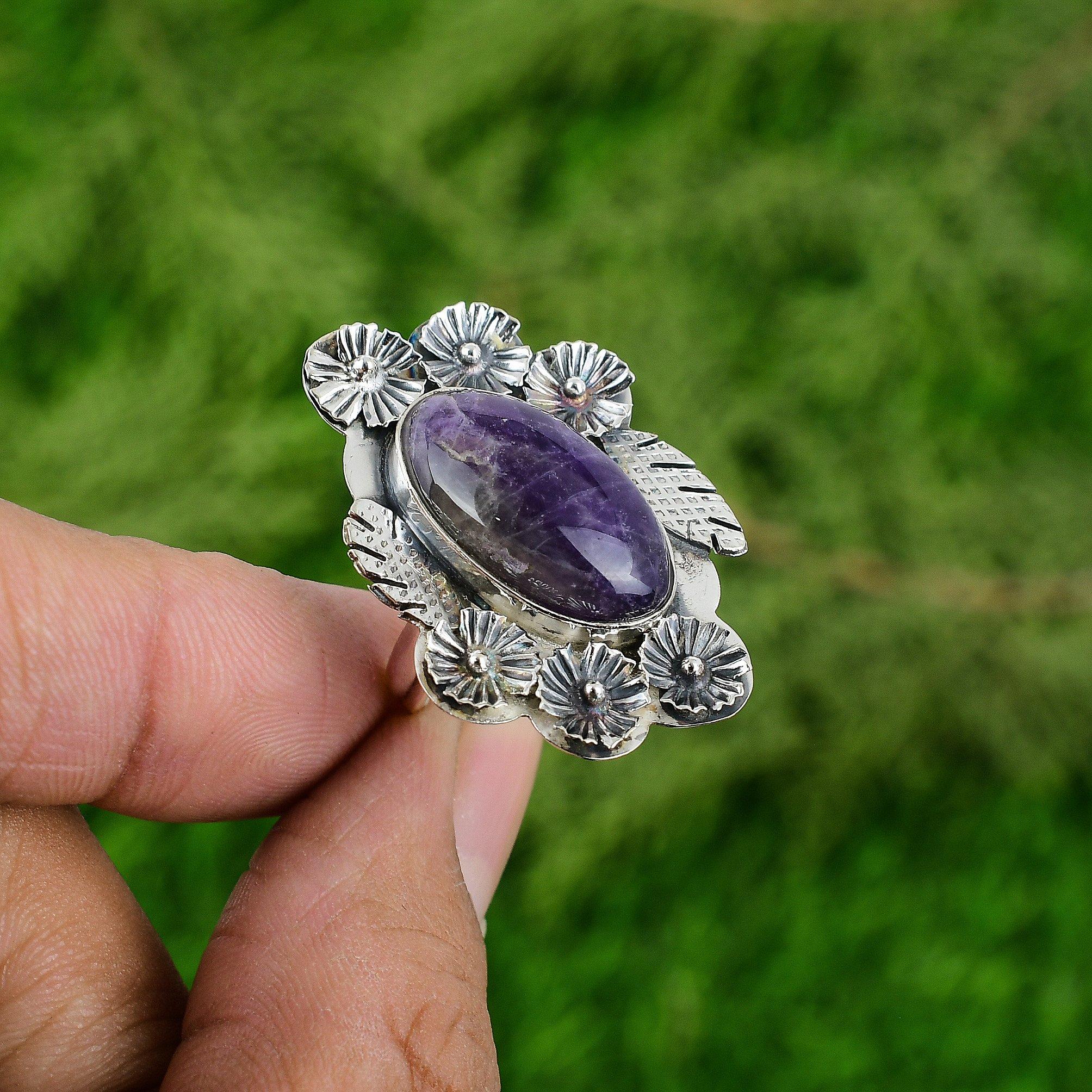 925 Silver Natural Chevron Amethyst Stackable Flower Adjustable Ring