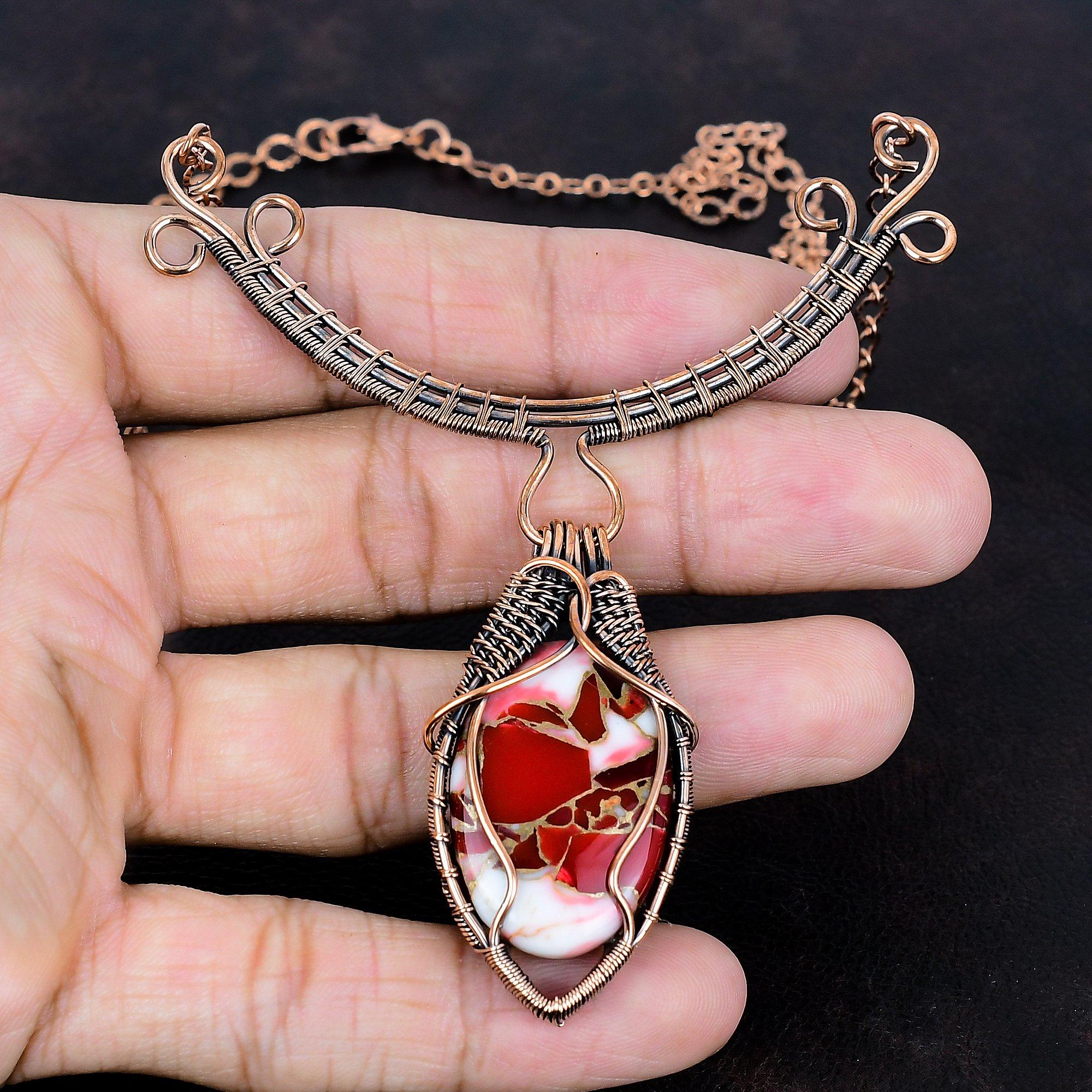 Kingman red mohave copper turquoise necklace copper wire wrapped gemstone jewelry adjustable chain necklace handmade jewelry gifts for wife
