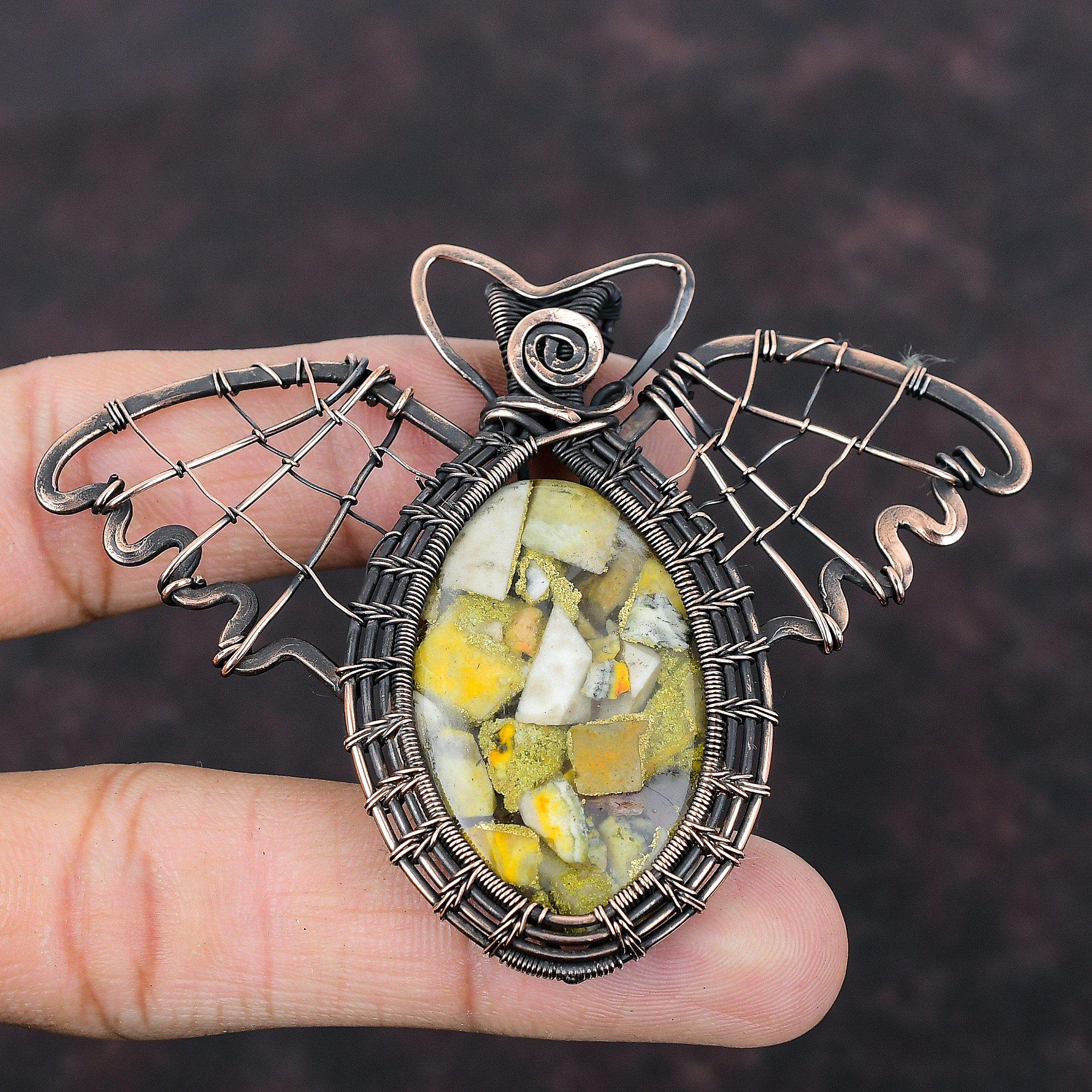 Copper Bumble Bee Jasper Pendant Copper Wire Wrapped Pendant Handmade Boho Jewelry Gemstone Pendant Butterfly Copper Jewelry Gift For Women