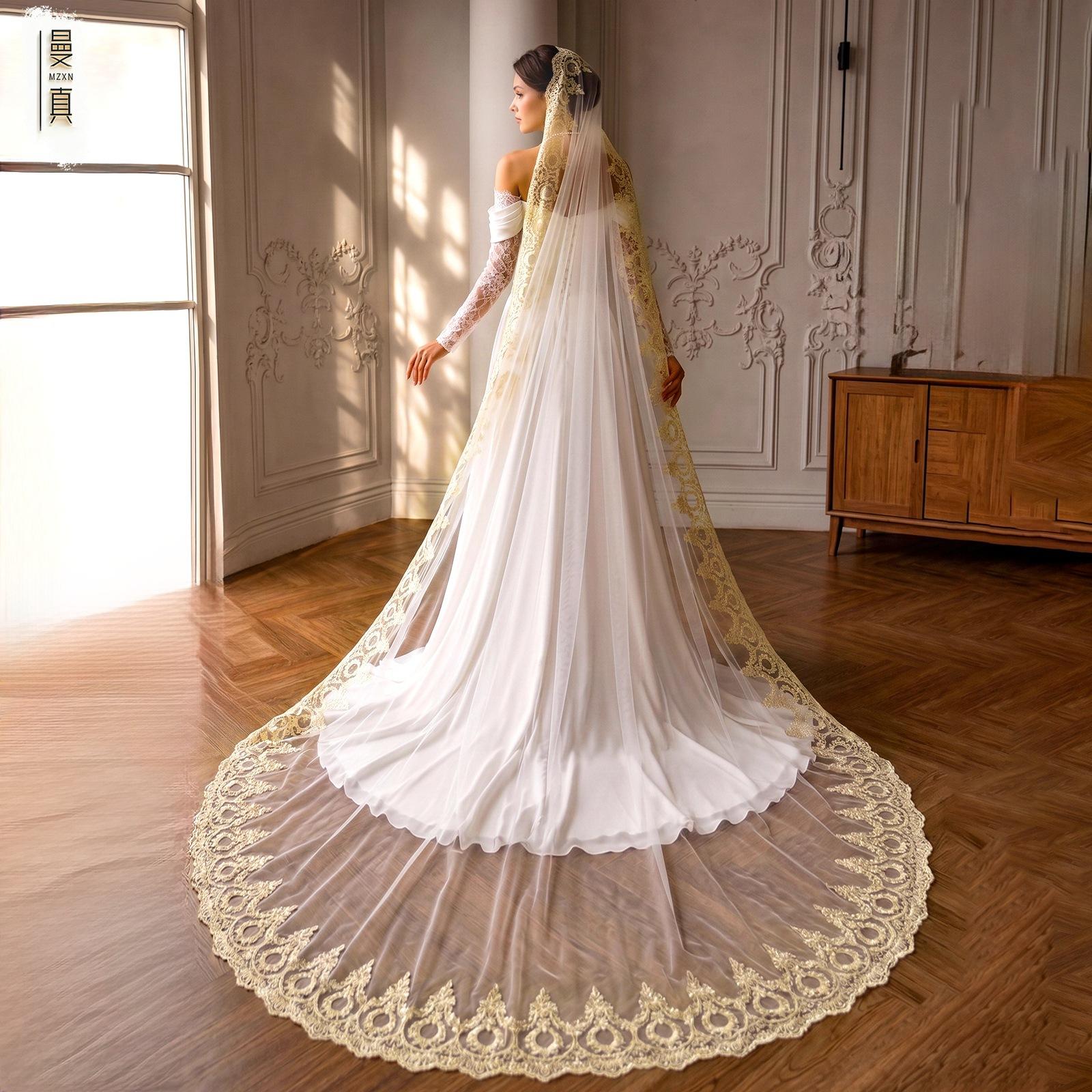 One Tier Cathedral Wedding Veil, White Tulle Bridal Veil with Golden Floral Lace Embroidery, 300cm Long Train Wedding Headwear for Bride