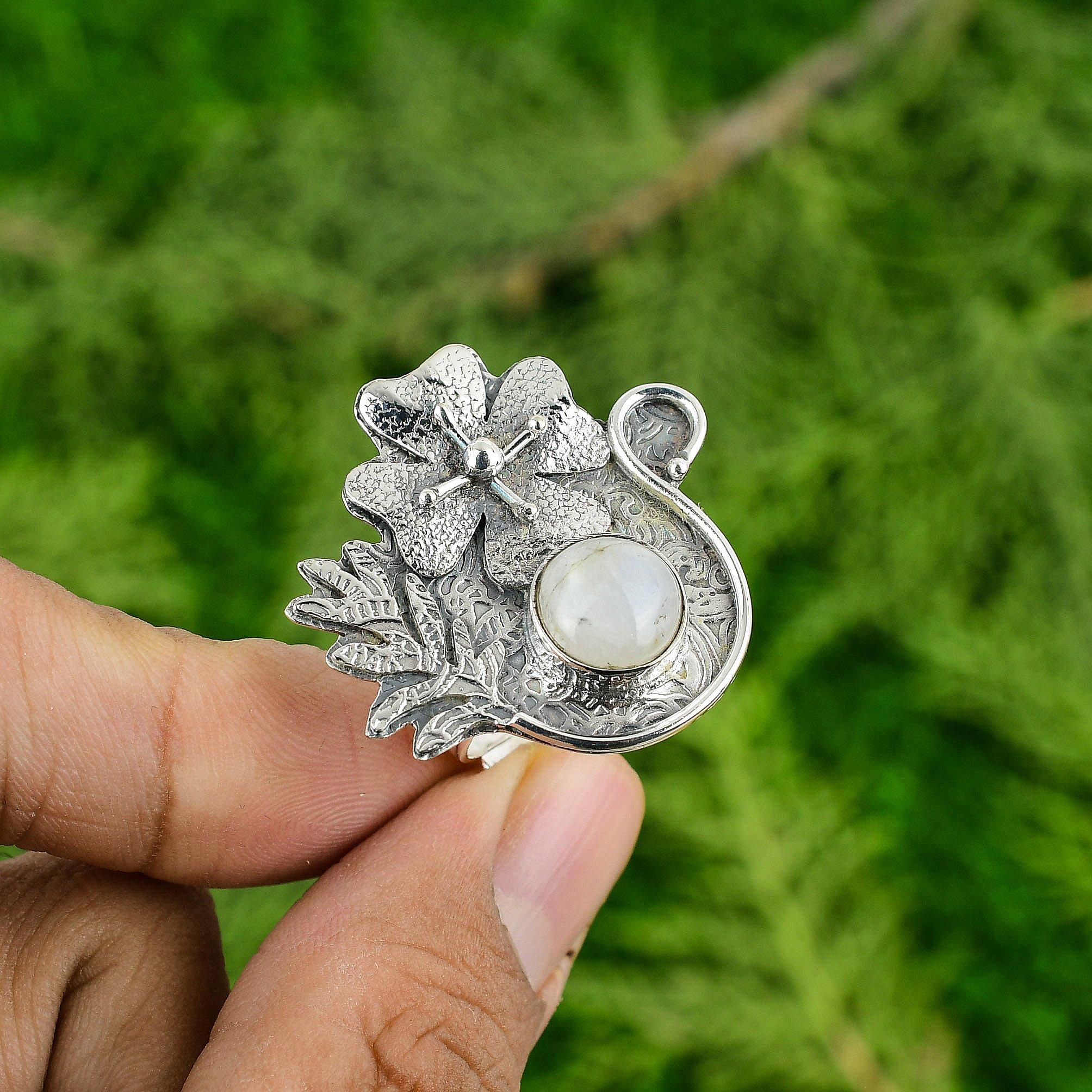 Sterling Silver Natural Rainbow Moonstone Promise Sister Stackable Flower Ring
