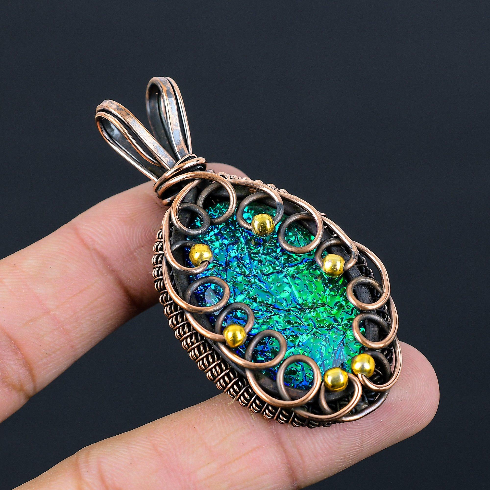 Attractive Blue Australian Triplet Opal Gemstone Pure Copper Wire Wrapped Handmade Jewelry Pendant