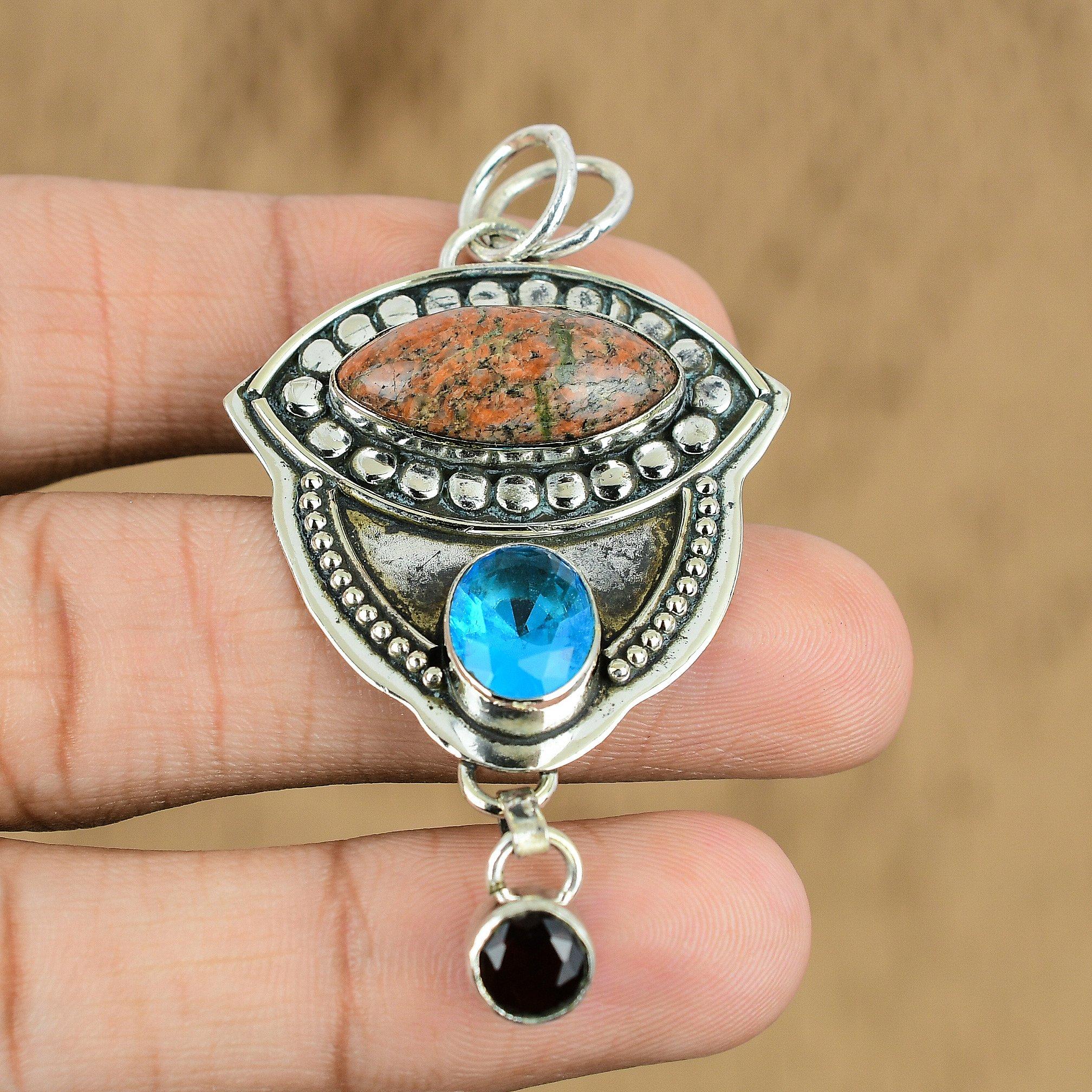 Natural Unakite Gemstone Pendant 925 Sterling Silver Indian Jewelry For Girls