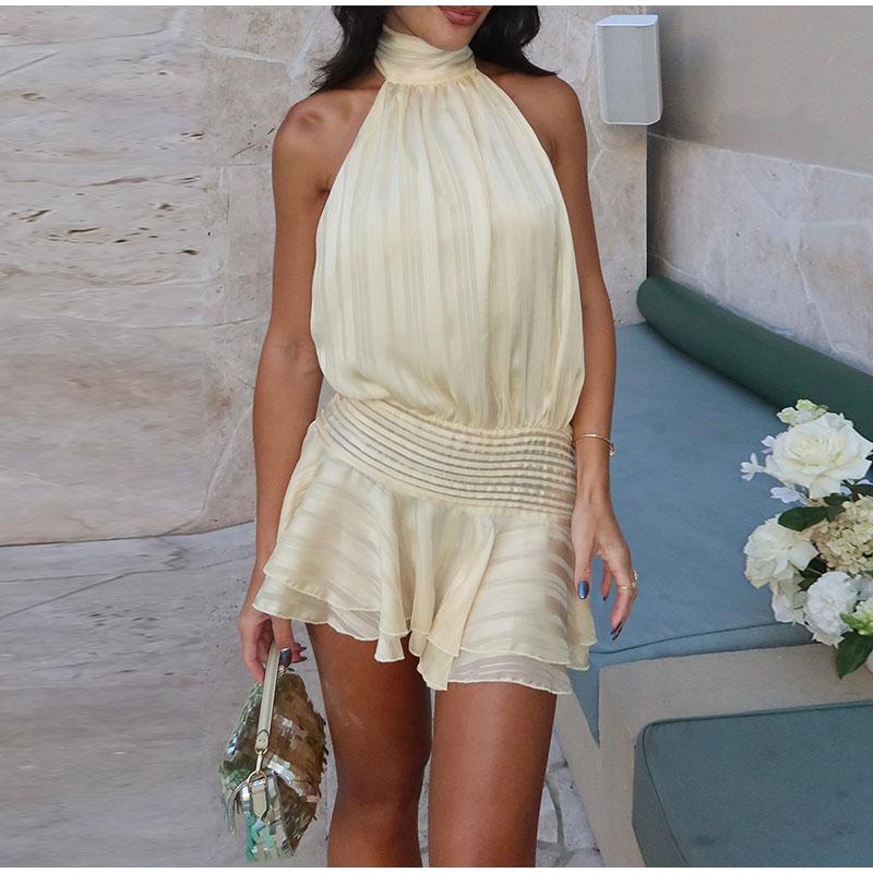 Halter Backless Chiffon Dress Woman's Sexy Lace Up Sleeveless Pleat Wrapped Waist Elegant Short Dresses 2025 Summer New Fashion