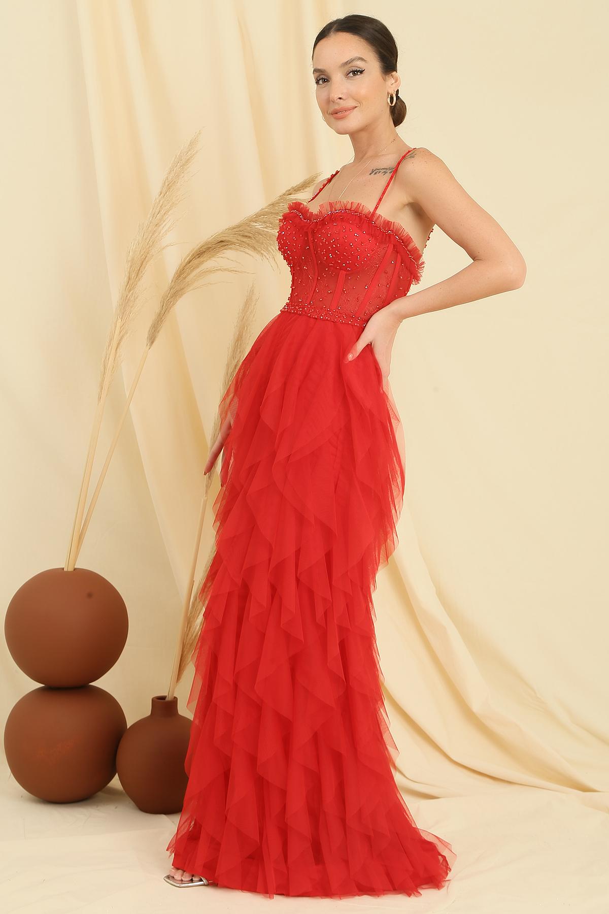 Beaded Rope Strap Strapless Handkerchief Fringed Lined Long Tulle Dress