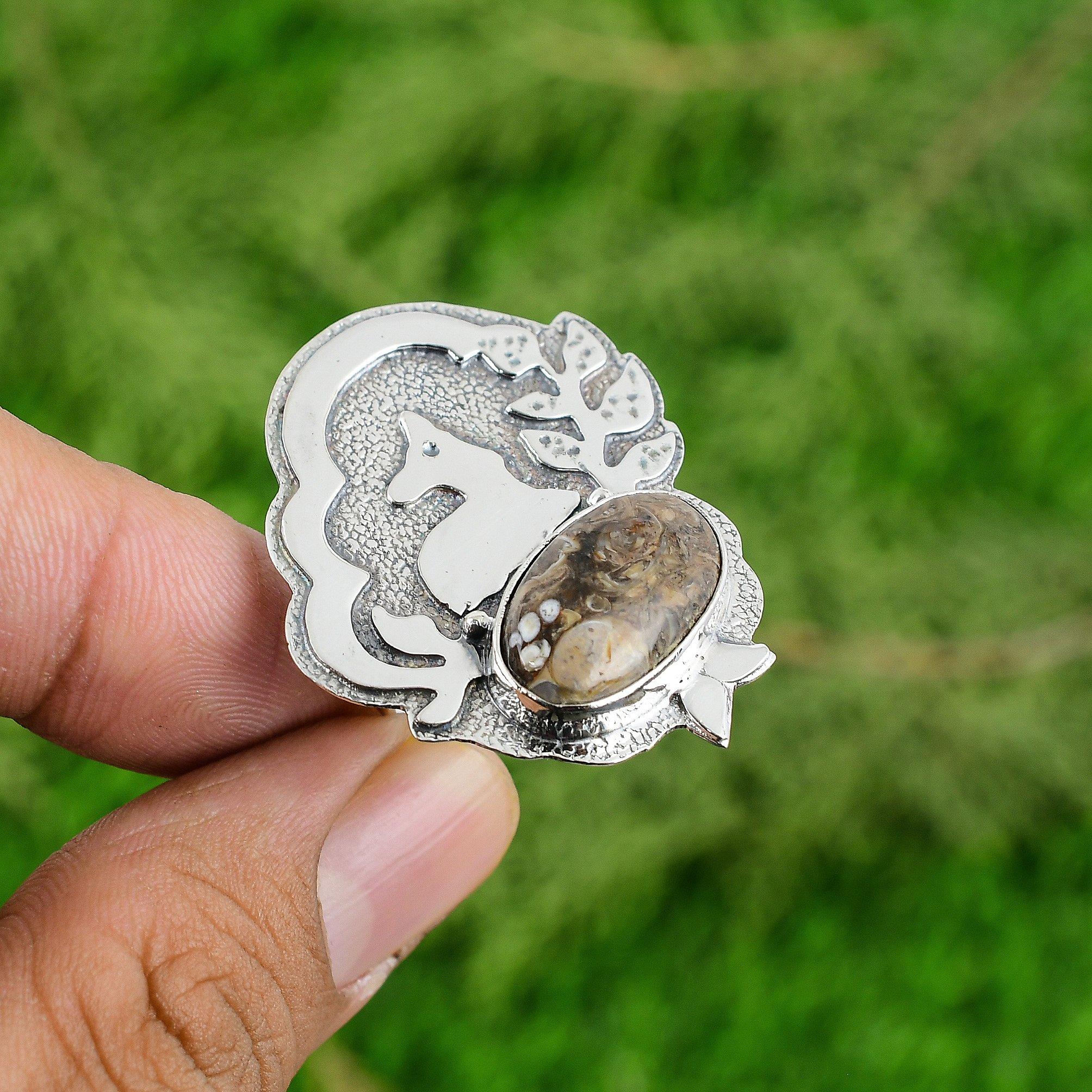 Sterling Silver Oval Turritella Agate Gemstone Solitaire Daughter Ethnic Ring