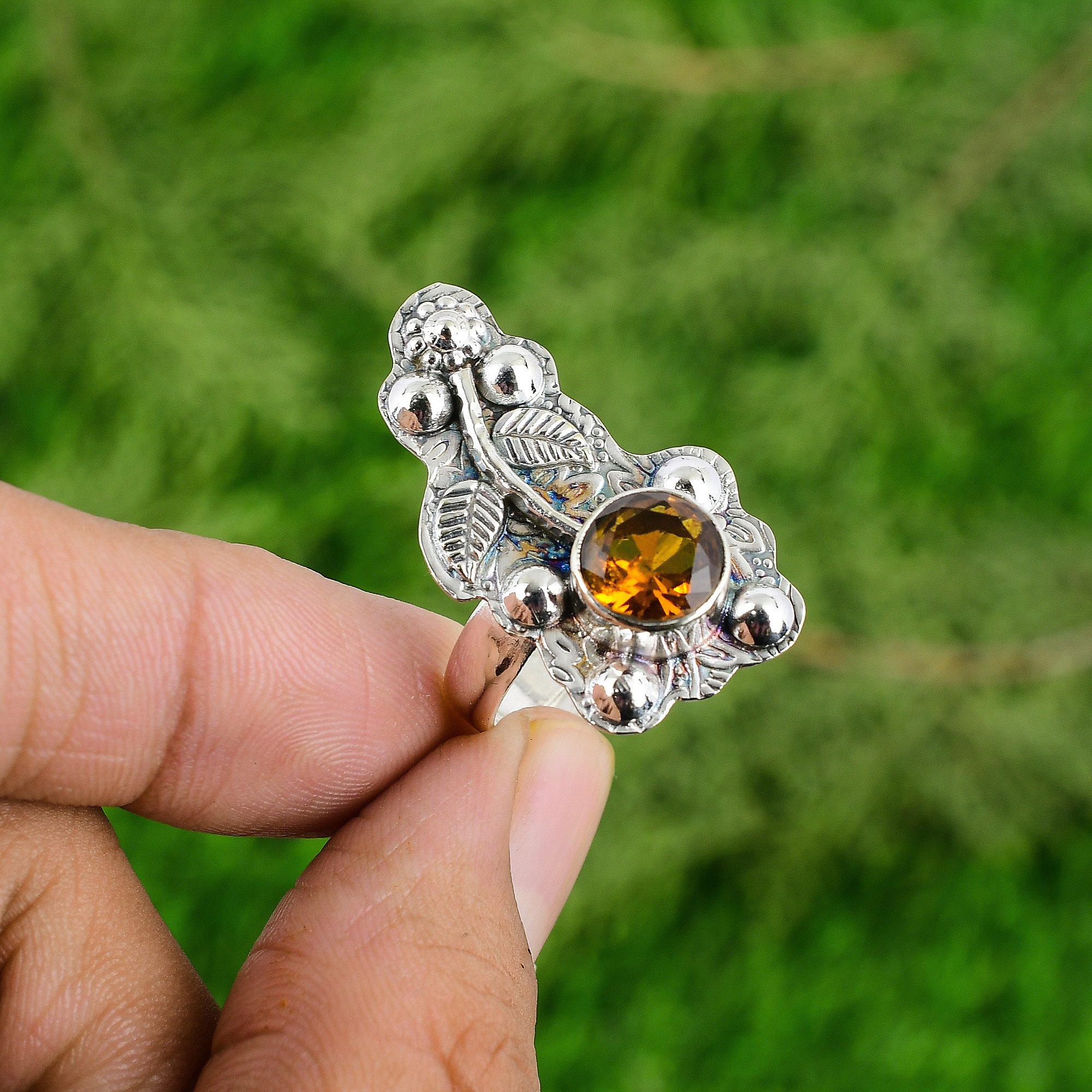 Mothers day Sale Sterling Silver Round Natural Citrine Multi Stone Flower Ring