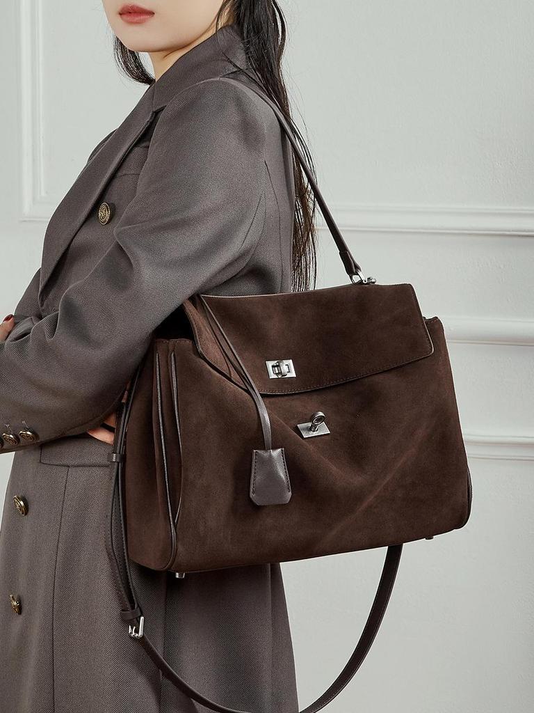 2026 Large Capacity Frosted Cowhide Women's Crossbody Shoulder Bag Soft Suede Tote Bag Lazy Style