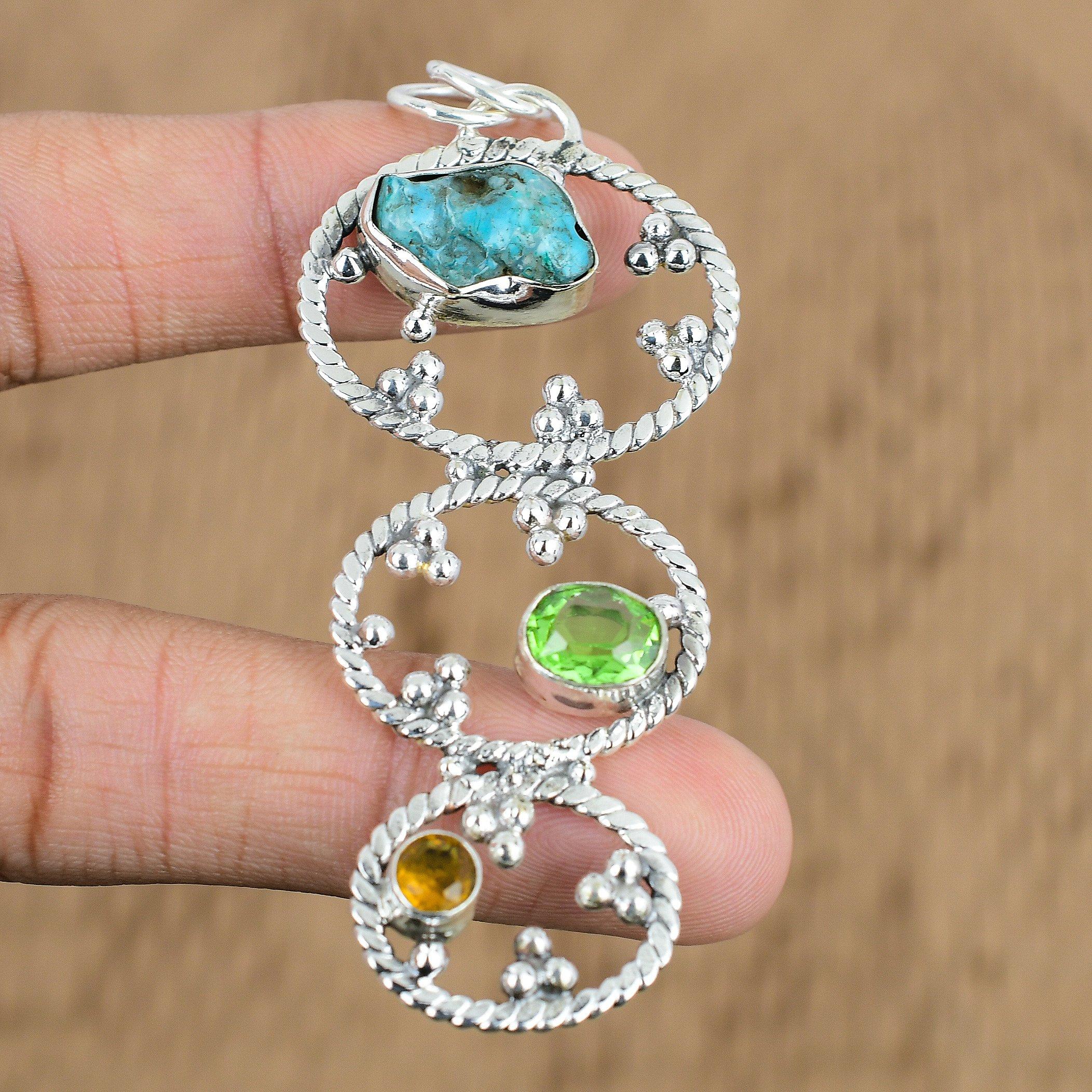 925 Sterling Silver Tibetan Turquoise Stone Swiss Blue Topaz New Pendant Jewelry