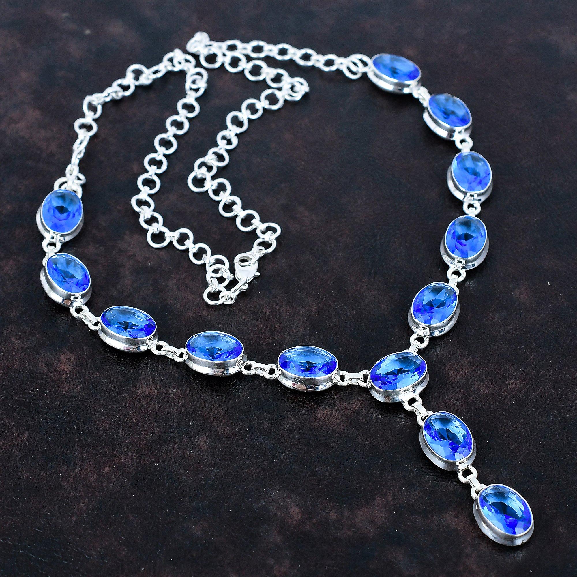 Faceted tanzanite quartz necklace gemstone antique jewelry 925 sterling silver necklace handmade adjustable chain necklace engagement gifts